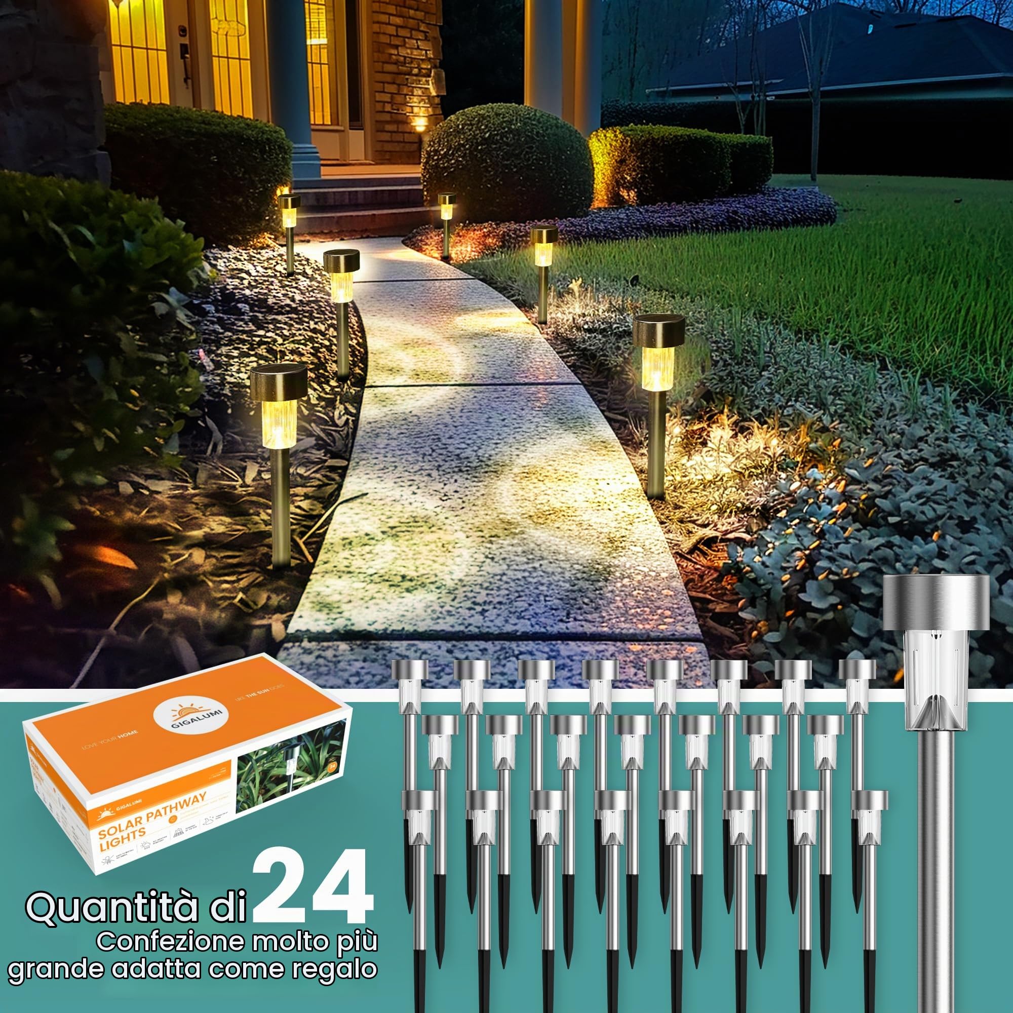 GIGALUMI Luci solari da giardino per esterni, impermeabili, confezione da 24, in acciaio inox, luci solari da giardino per patio, prato, cortile e paesaggio, luce bianca calda