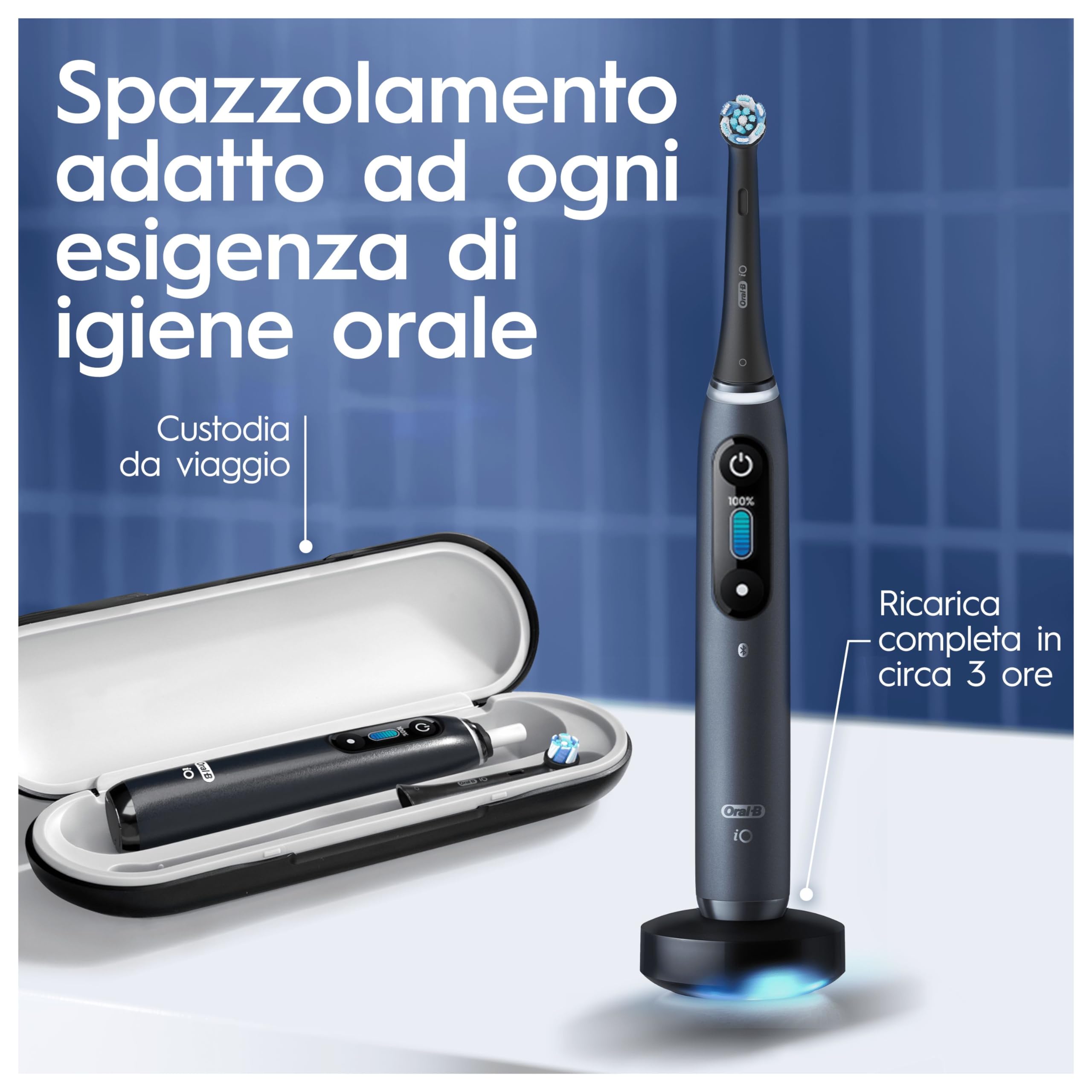 Oral-B Spazzolino Elettrico Ricaricabile iO 8 Nero e Viola, 4 Testine Di Ricambio + Astuccio per caricatore. 2 Spazzolini