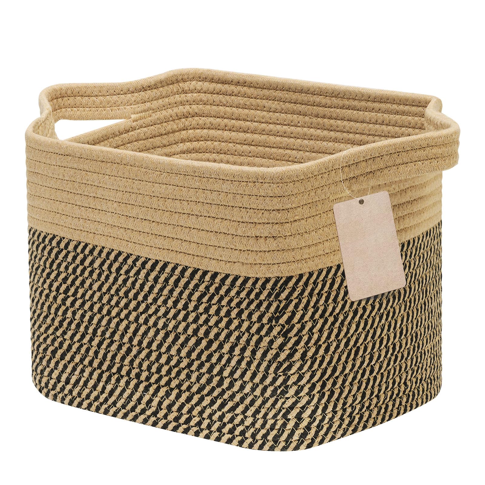 JOJOSEE Small Woven Storage Basket, Cotton Rope Basket for Shelves, Square Shelf Baskets for Home Bathroom Closet Organizer 33x25x22.5cm (Black&Brown)