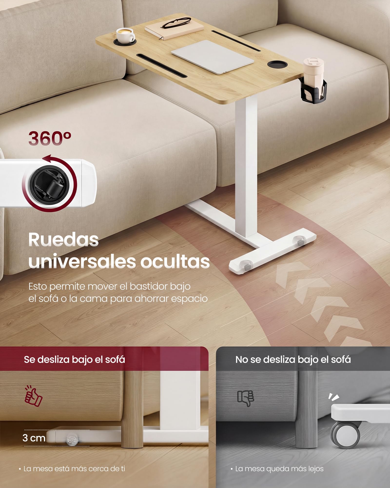 VASAGLE Escritorio con Ruedas, Mesa Auxiliar, Tablero de 70 x 40 cm, Altura Ajustable, 2 Portavasos, Ranura para Teléfono Móvil o Tableta, Roble Dorado y Blanco Mate LSD600YA01