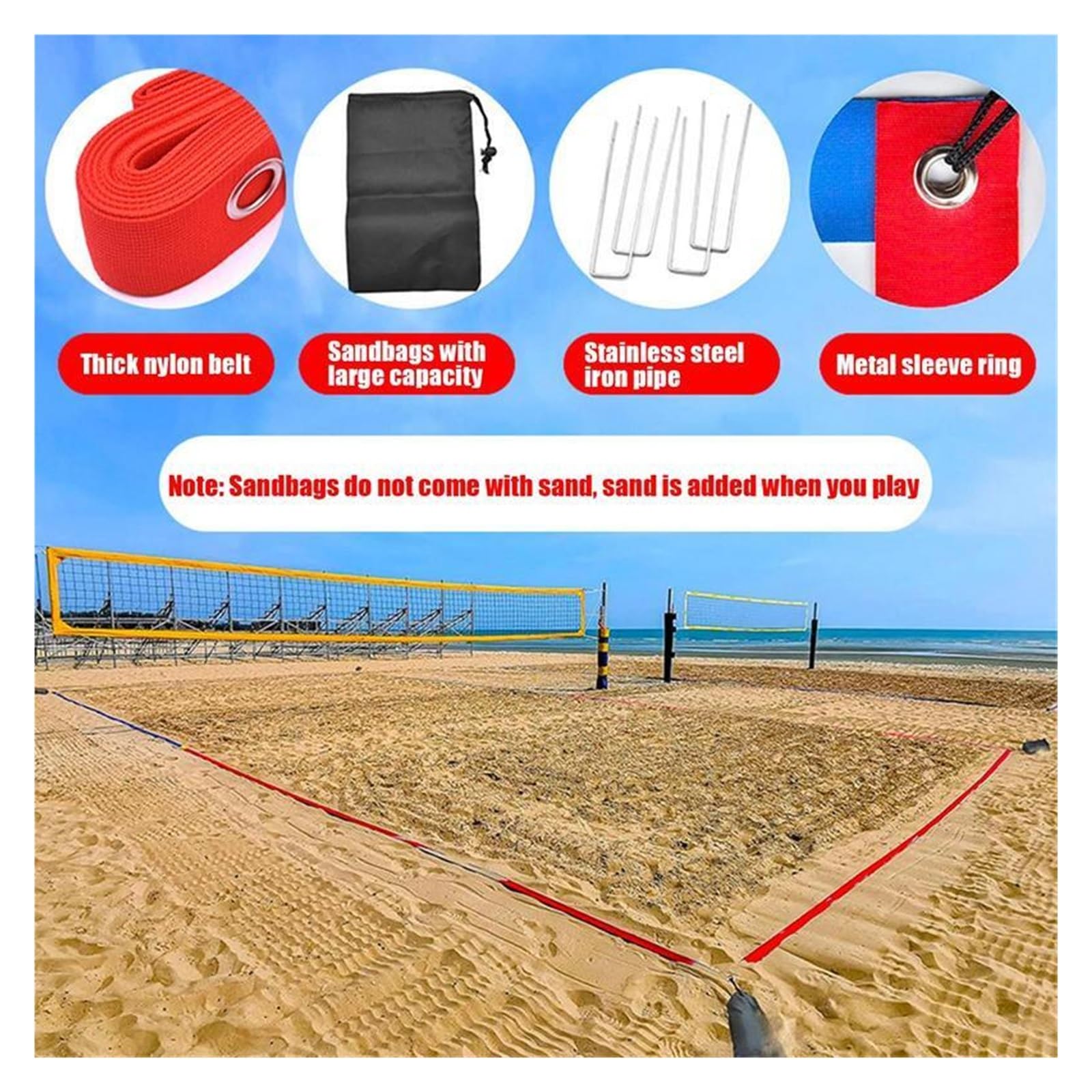 Líneas para Voleibol de Playa Líneas de Voleibol Playa con Clavos y Sacos Arena fijos límites al Aire Libre Marcador Correas cancha