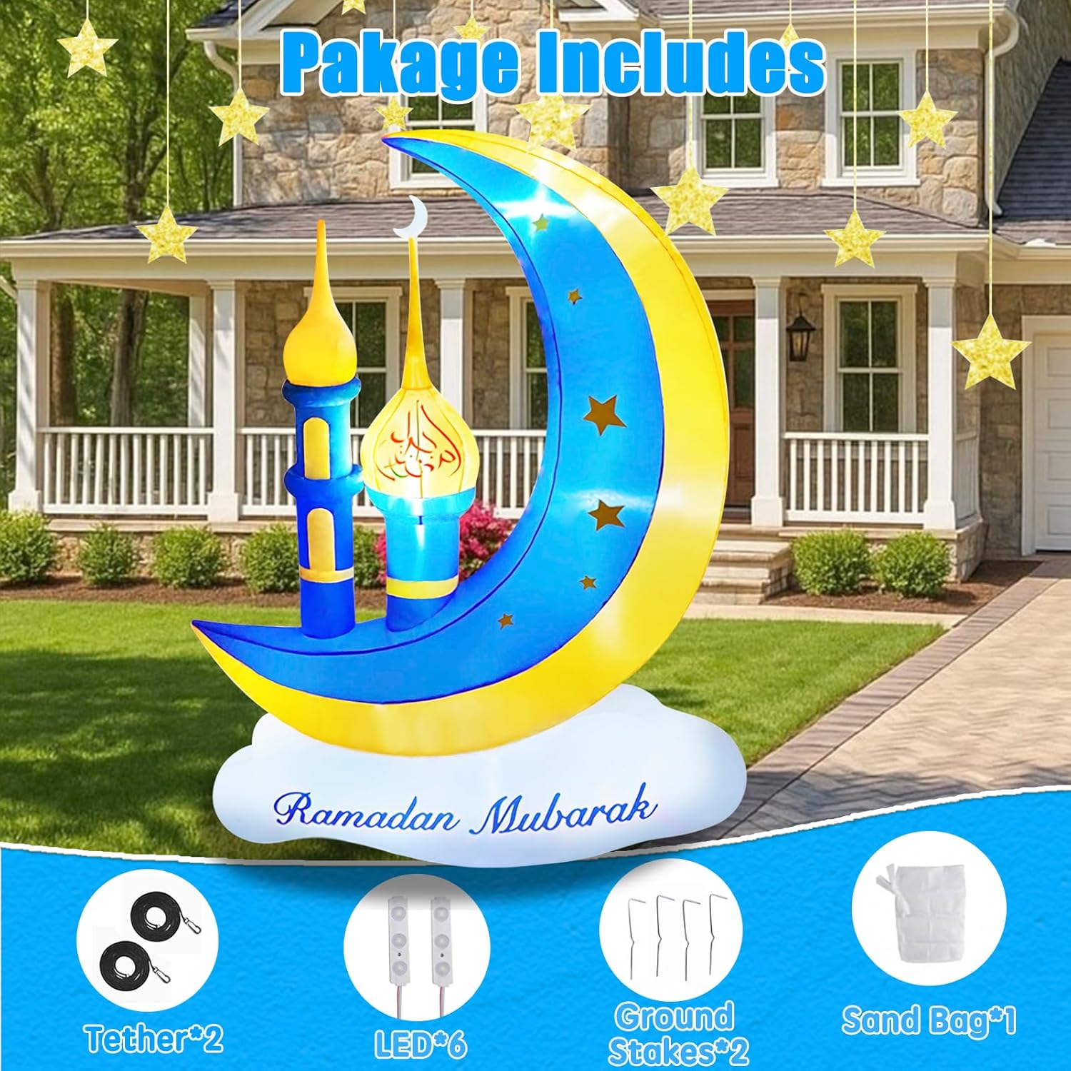 5FT Outdoor Inflatable Ramadan Moon Decorations, Inflatable Eid Mubarak Decor with LED Lights, Waterproof Blow Up Muslim Holy Celebration Decor, Muslim Holidays Inflatable for Yard Garden Lawn Indoor