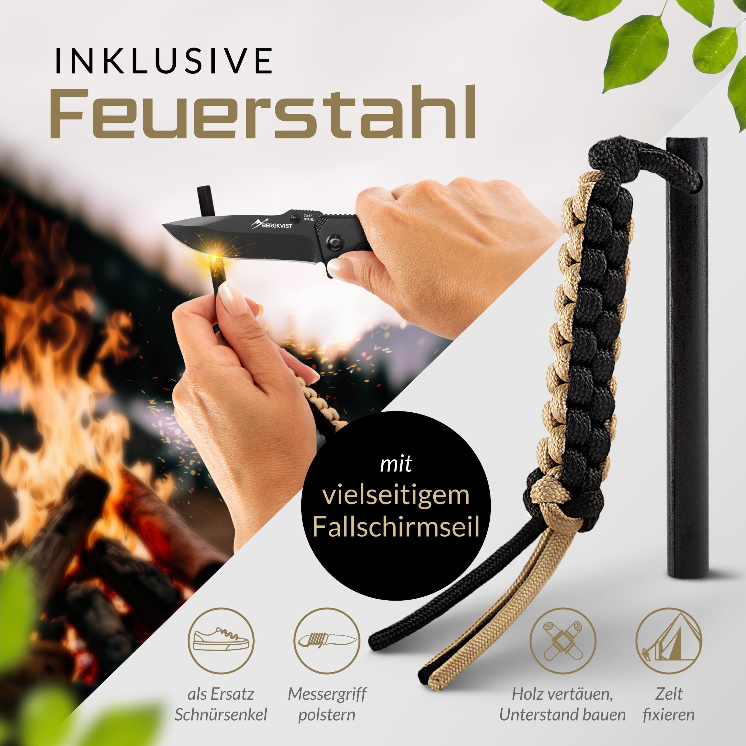 BERGKVIST® K9 Klappmesser für Outdoor & Survival [Einhandmesser] | scharfes Taschenmesser mit Edelstahlklinge, Feuerstahl & Gürteltasche, Vollmetall, schwarz