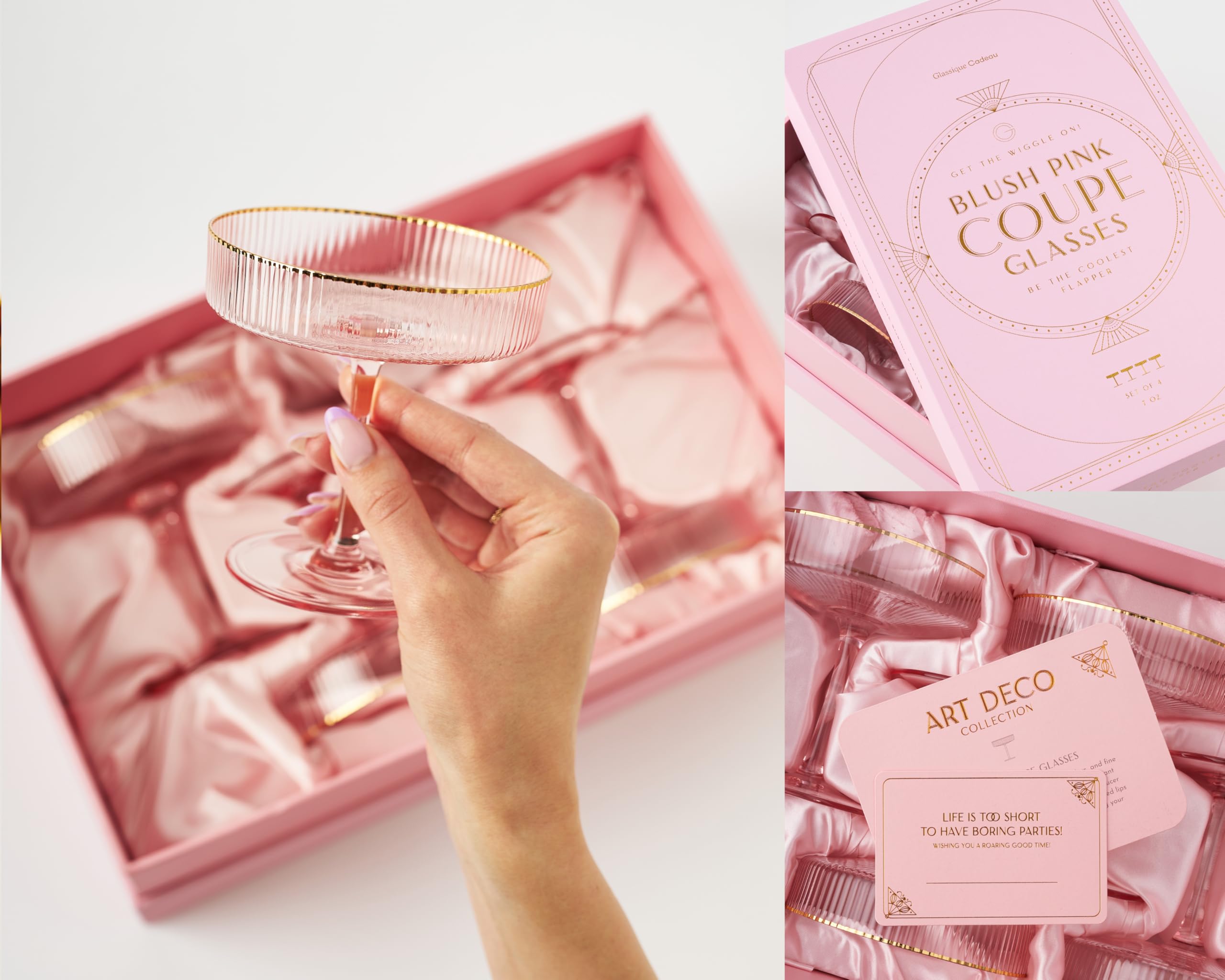 GLASSIQUE CADEAU Vintage Art Deco Blush Pink Coupe Glasses with Gold Rims | Set of 4 | 7 oz Crystal Ribbed Cocktail Glassware for Drinking Champagne, Martini, Cosmopolitan | Girly Speakeasy Saucers