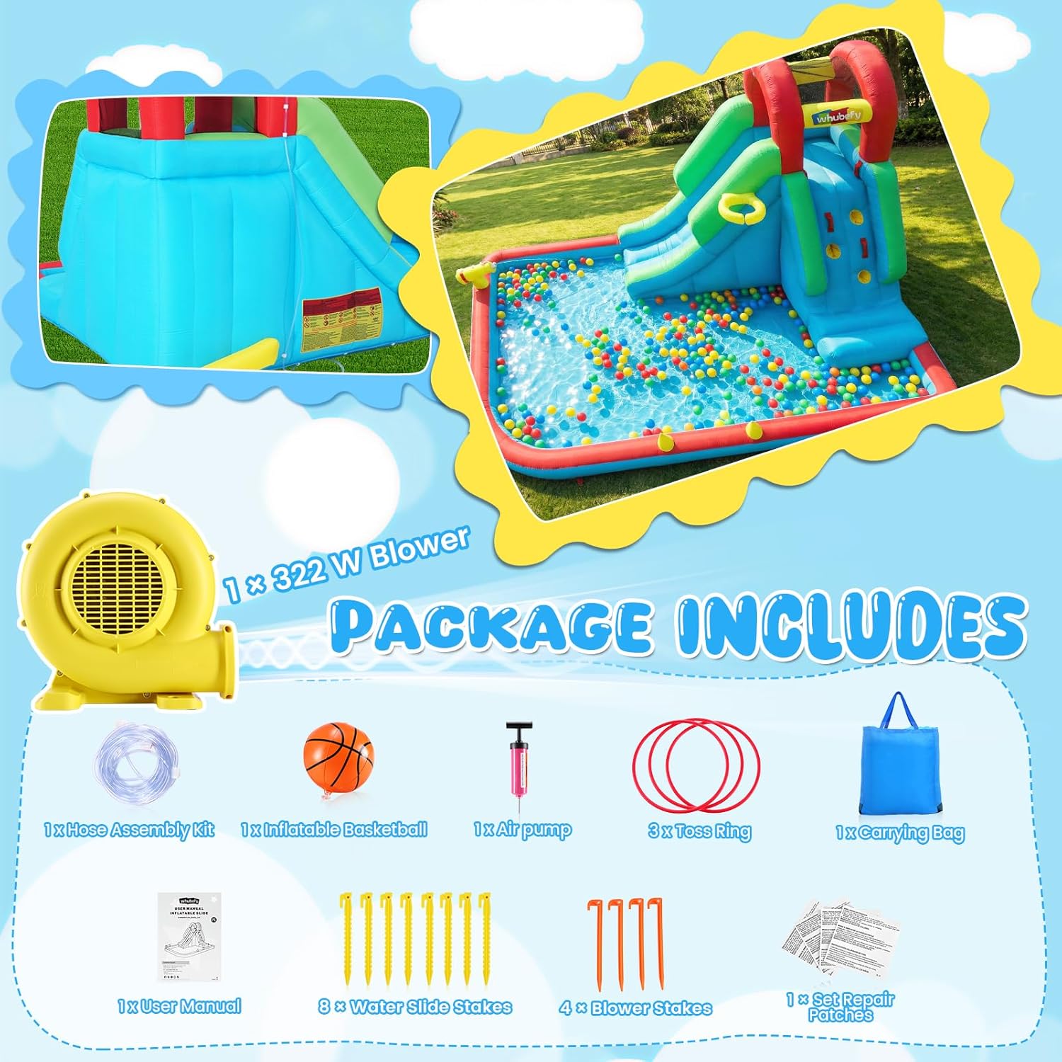 Inflatable Water Slide for Kids, 8-in-1 Blow Up Water Slide, Compact Water Park with Long Slide, Ring Toss, Basketball Hoop, Water Cannon, Climbing Wall & Splash Pool for Backyard Outdoor Fun