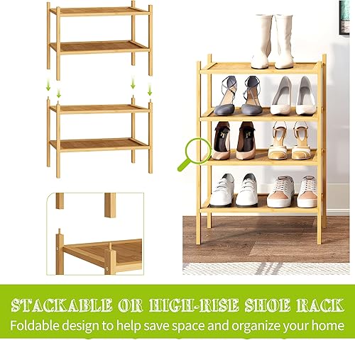 Miniatura 6 de BMOSU Zapatero pequeño de bambú de 4 niveles de alta calidad, apilable, organizador de almacenamiento para pasillo, armario, sala de estar,