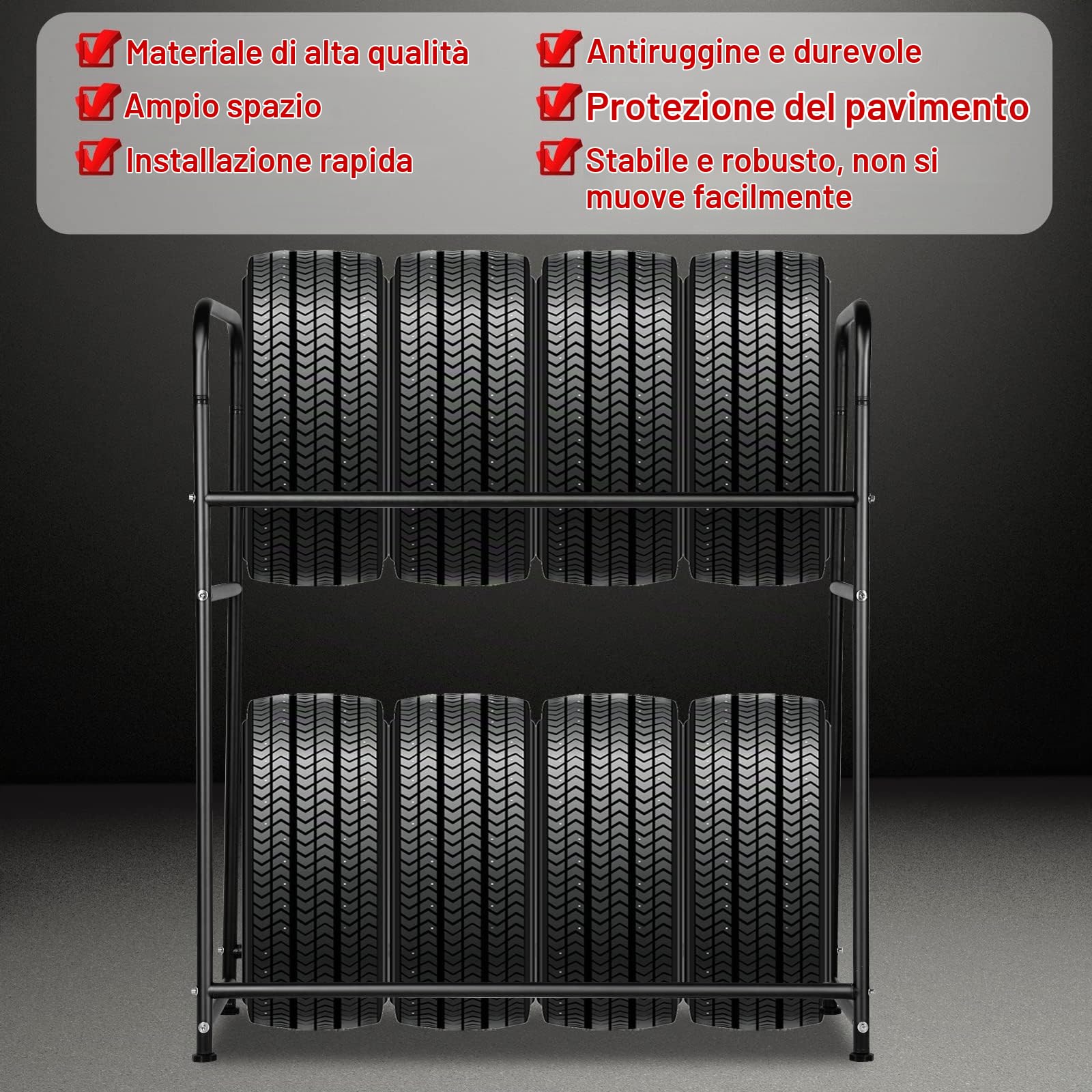 Scaffale Portagomme Supporto per Pneumatici, Auto Pneumatici Scaffali cerchione per 8 Pneumatici, con Struttura in Scciaio a Due Strati, per Officina, Magazzino, Garage, 107 * 46 * 117 cm