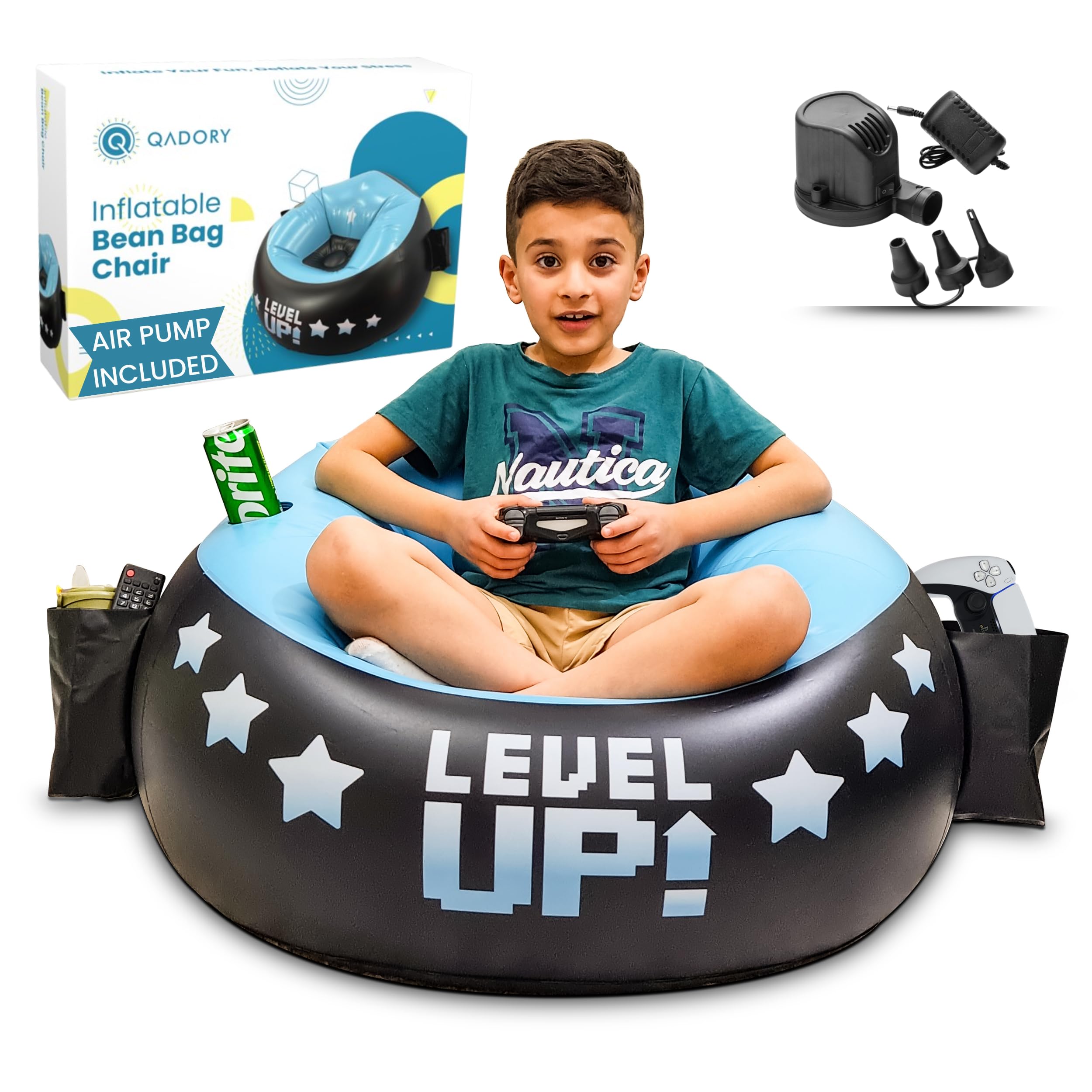 Qadory Gaming Chair for Kids- Air Pump Included 2-in-1, Kids Gaming Chair with Cup Holder and Side Pockets- Gamer Chairs for Kid, Bean Bag Chairs for Kid- Aqua
