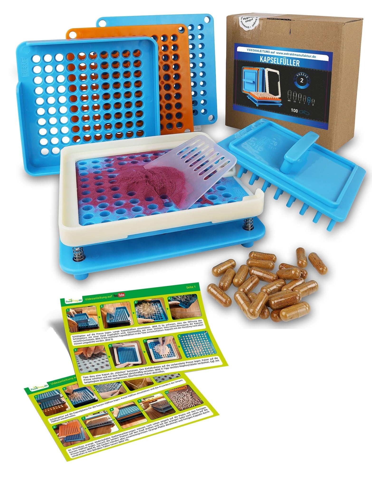 Riempitivo capsule misura 2 – Spazio per 100 capsule – con istruzioni in tedesco + video – capsule filler machine – capsule vuote da riempire manualmente (misura 2)