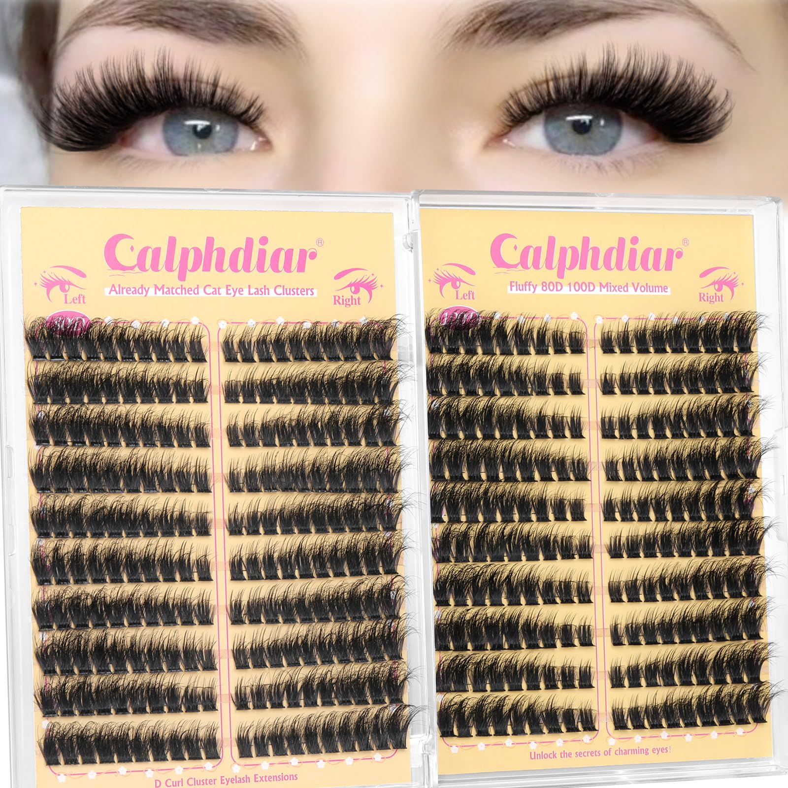 Cat Eye Cluster Lashes Fluffy 80D+100D Individual Eyelashes D Curl Lash Clusters 10-18mm Volume Eyelash Clusters 380pcs Light & Right Lashes Individual Cluster Thick Eyelash Extensions Easier to Use