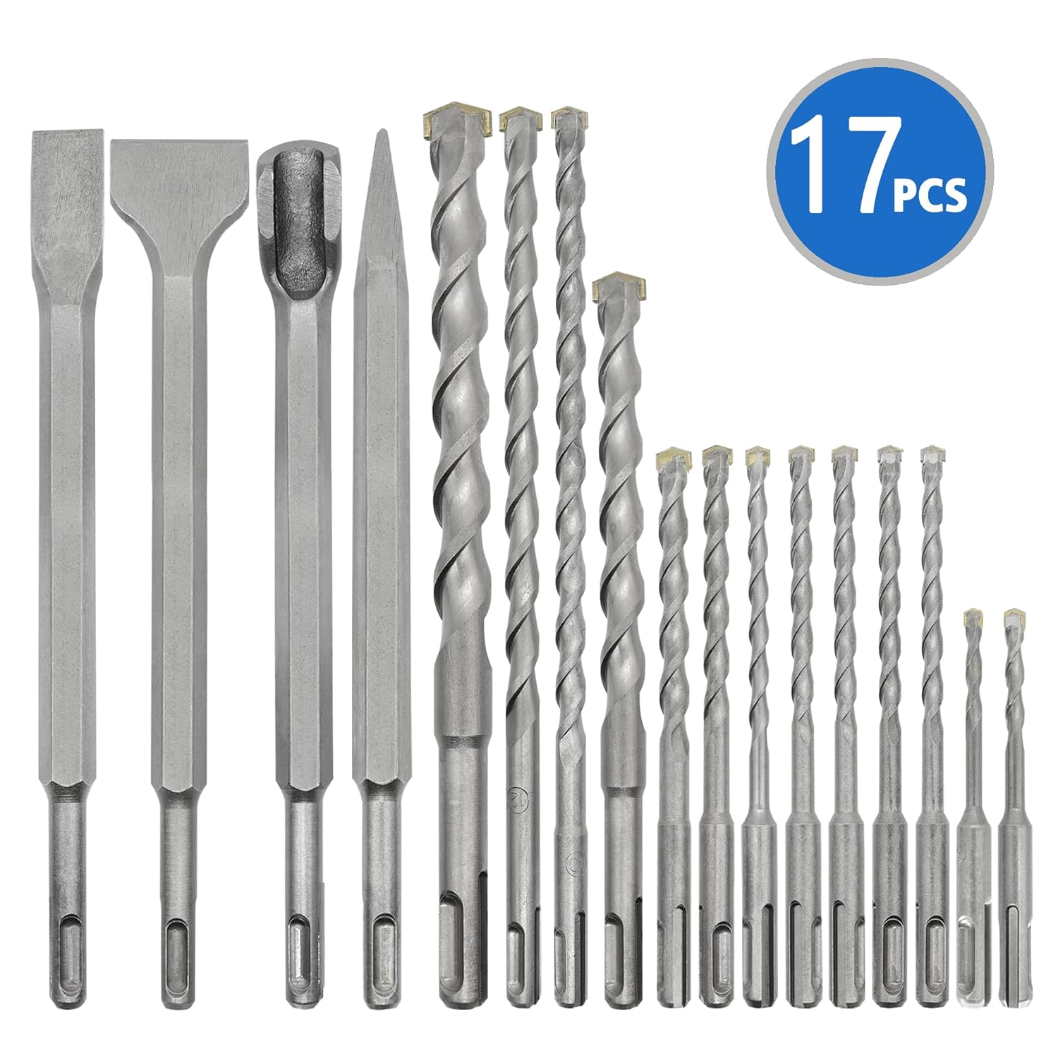 17Pcs SDS Plus Rotary Hammer Drill Bit Set,Concrete Drill Bit Kit with Point Chisel,Flat Chisel,Cross Type Double Thread Carbide Material for Concrete,Bricks,Tiles,Stone and Glass