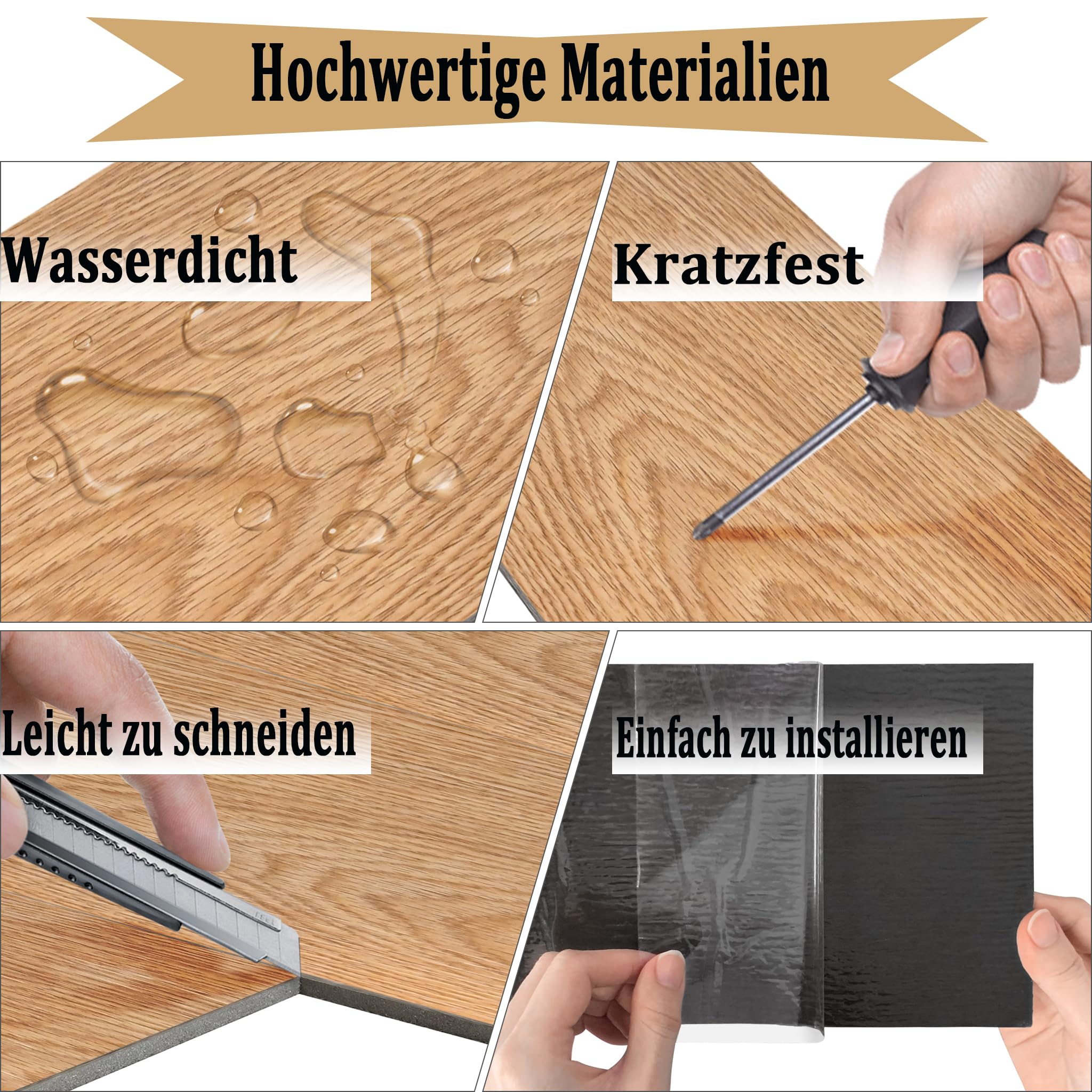 Aufun Pavimento in PVC Autoadesivo 18 Pezzi 2.51m², Piastrelle per Pavimenti con Texture di Legno, Pavimento in Vinile Resistente all'Acqua e Antiscivolo, Per Cucina, 91x15cm (Quercia marrone)