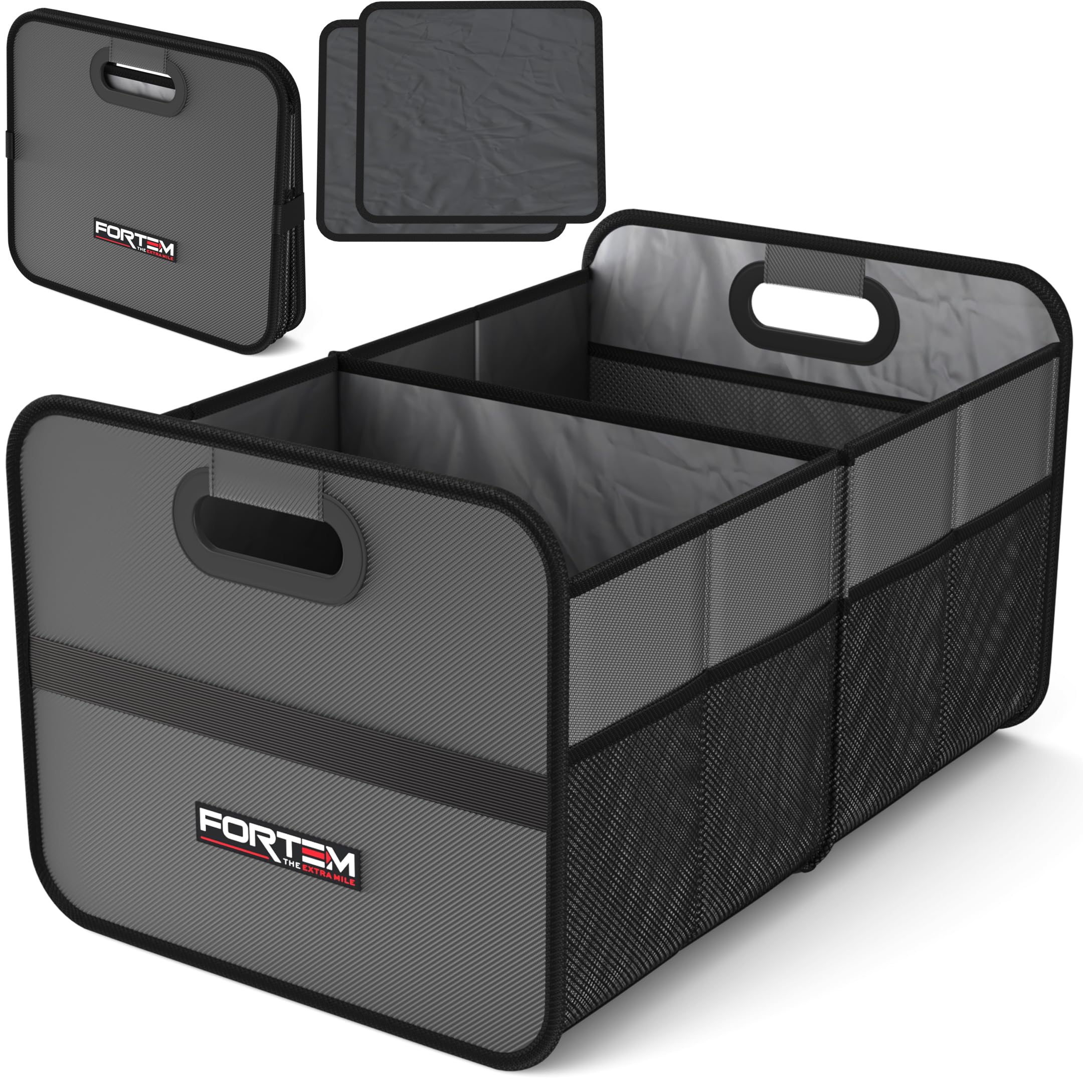 FORTEM Car Boot Organiser, Car Storage Organiser, Car Accessories, Collapsible Multi Compartment Car Organiser, Car Boot Tidy, Non Slip Bottom (Grey)