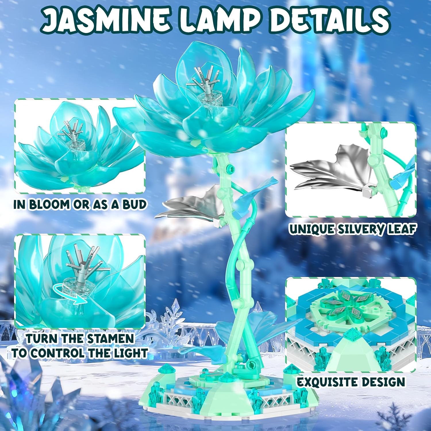 Jasmine Table Lamp Building Blocks Set, Princess Flower Shaped Building Toy with LED Light, Creative Home Decoration & Artificial Flower Night Light for Girls Boys Adults