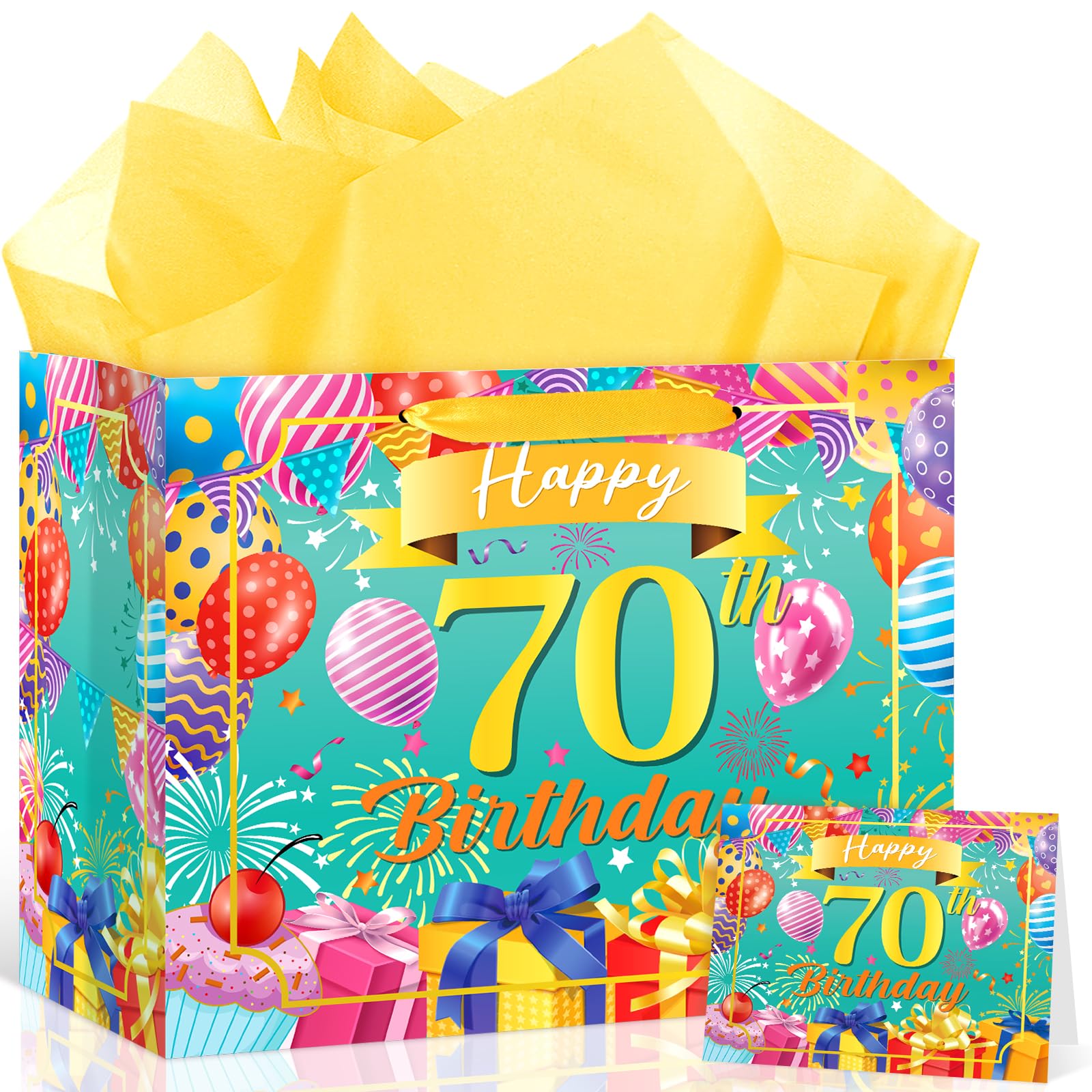 Large Teal 70th Birthday Gift Bag, Colorful "70" Happy Birthday Decoration Gift Wrap Bag, Turquoise 70th Anniversary Party Gift Bag with Tissue Paper and Card for Men or Women (70th)