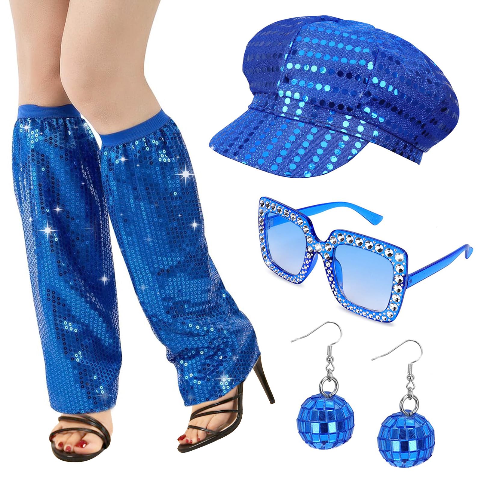 Xerteam 6Pcs 70s Disco Accessories, 70s Fancy Dress Women Accessories, Sequin Hat Frame Bling Sunglasses Earrings Leg Warmers