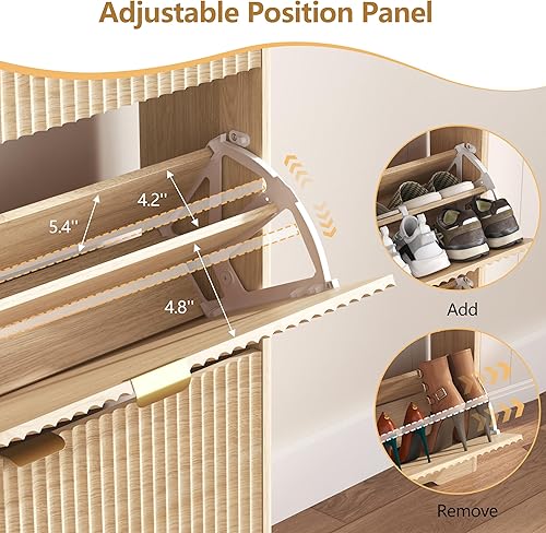 Miniatura 6 de Armario de zapatos para entrada con 3 cajones abatibles, armario de zapatos acanalado de roble con estantes ajustables, zapatero oculto de madera