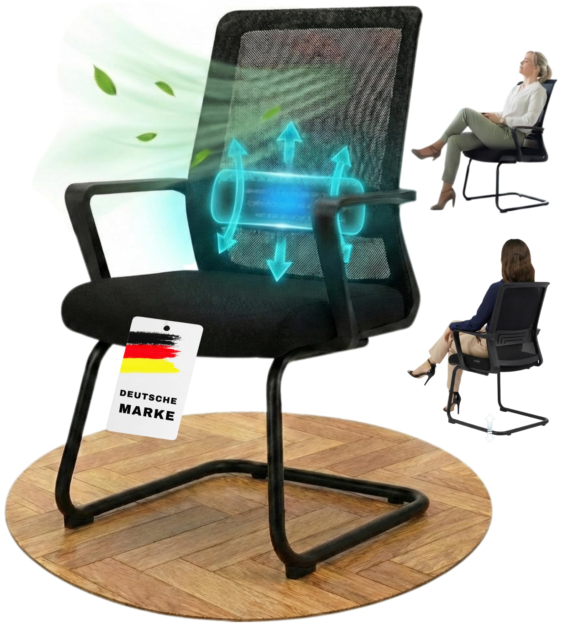 VALKENSTOL K1 Konferenzstuhl Freischwinger Schwarz mit Armlehne - Ergonomischer Besucherstuhl mit verstellbarer Lordosenstütze & Netzrücken - Robuster Bürostuhl ohne Rollen, Wasserabweisend, bis 150kg