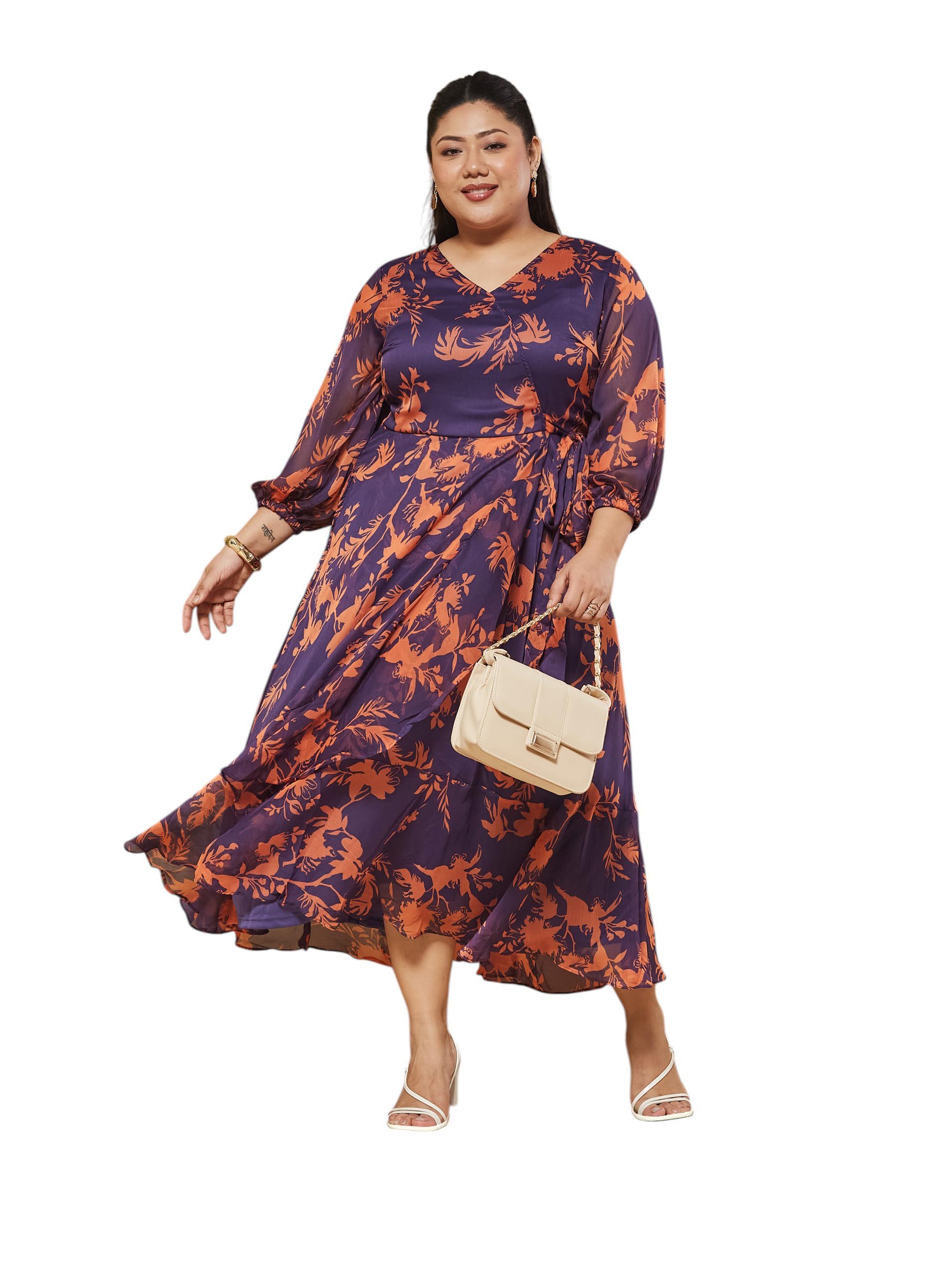 miss chase a+ Women's V-Neck Three-Quarter Sleeve Geometric Patterned Wrap Midi Chiffon Dress-picture-27