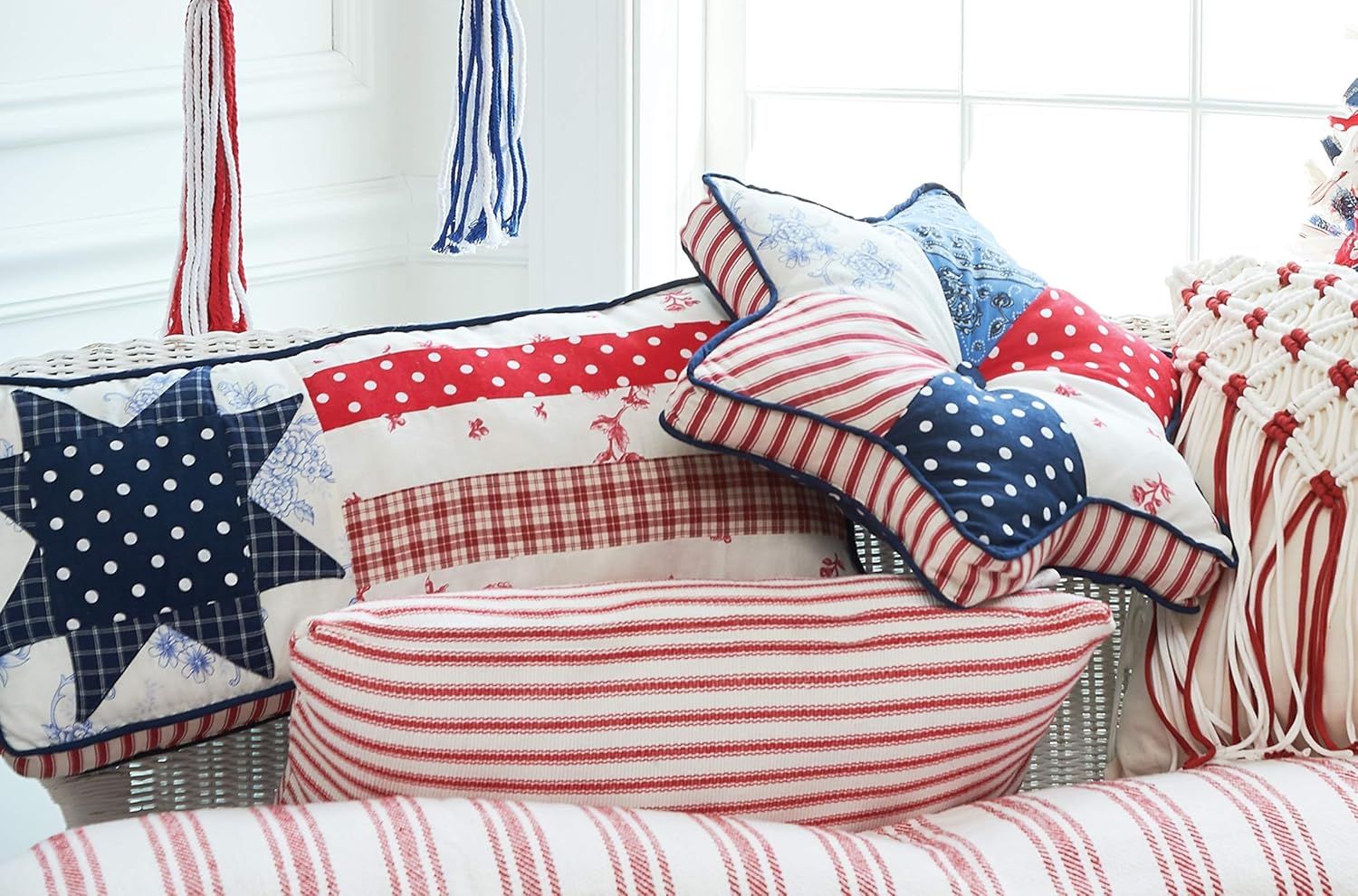 GALLERIE II Patriotic Star Shaped Patchwork Pattern Accent Throw Pillow 18" x 18" Americana 4th of July Liberty USA Independence Day Labor Day Home Living Room Sofa Chair Couch Bed Bedroom Decor