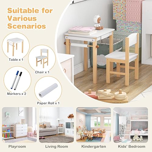 Miniatura 7 de HONEY JOY Juego de mesa y silla para niños, escritorio y silla de madera con cajón, soporte para rollo de papel y 2 rotuladores, juego de mesa de