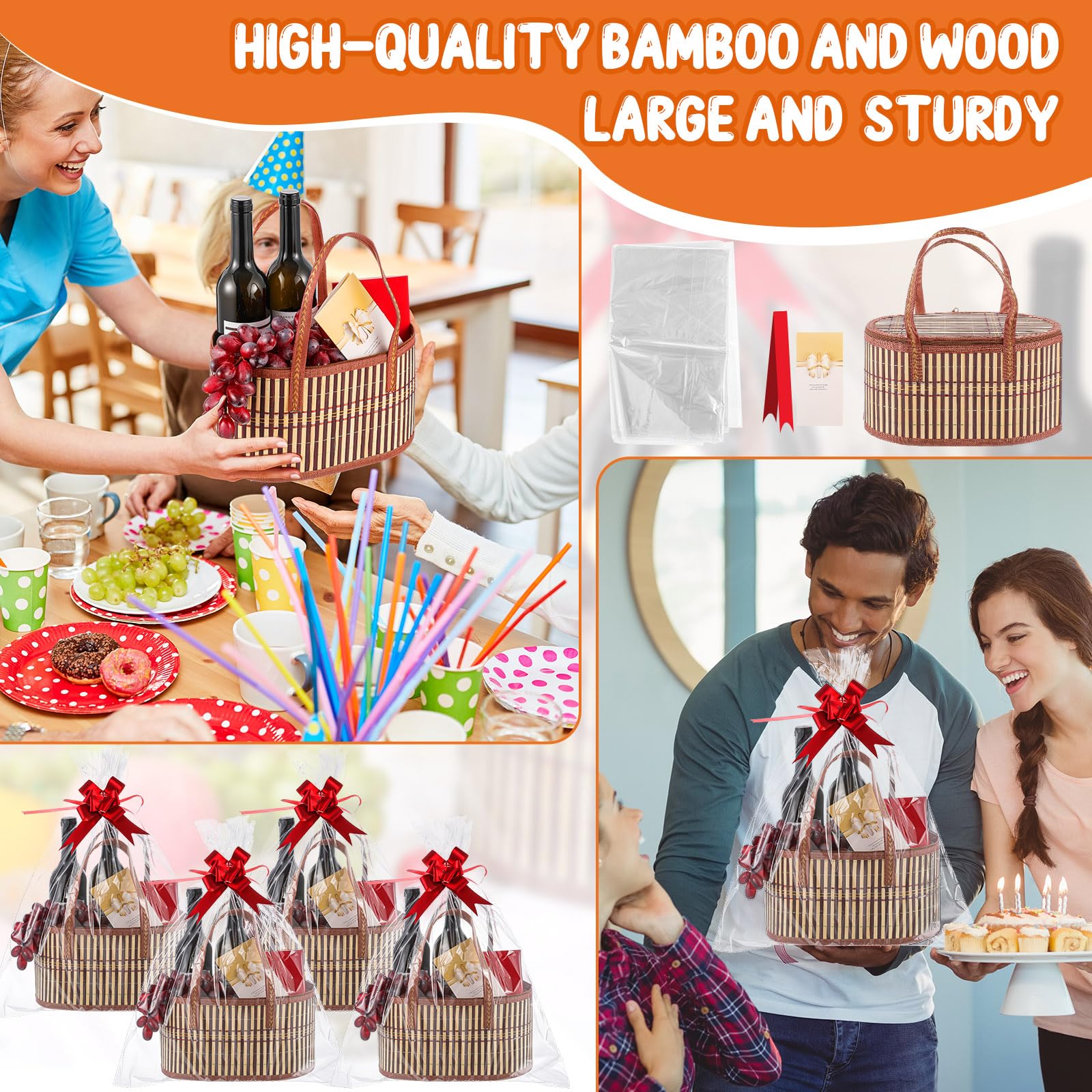 Tioncy Set di 6 cestini per regali vuoti grandi in bambù intrecciato con manici, cesti in cellophane trasparente per baby shower, regali di compleanno, 6 sacchetti trasparenti, 6 biglietti regalo