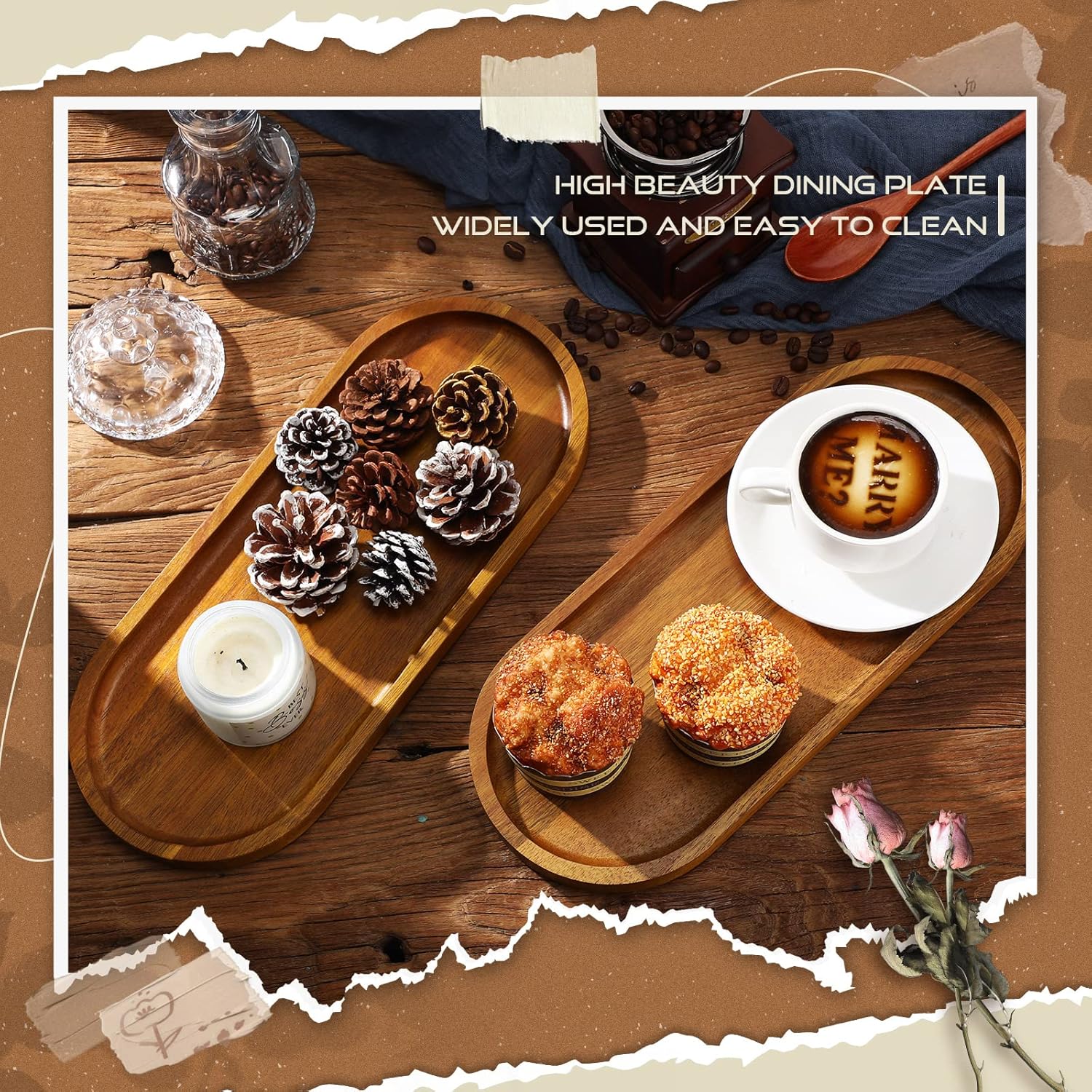 Rtteri 10 Pcs Acacia Wood Trays, 13.8 x 5.8 Inch Large Wooden Serving Trays Charcuterie Board Solid Wooden Serving Platter Oval Platter Rustic Vintage Trays for Dessert Fruit Bread BBQ Party Table - Image 5