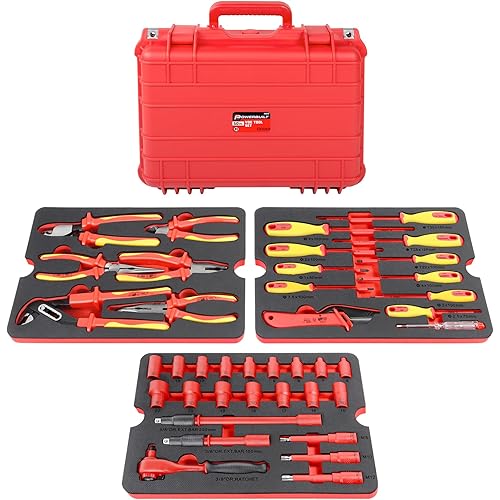 Powerbuilt 50 Pc.1000V Insulated Electricians VDE Tool Set with Waterproof Case, 3/8 in. Dr. Ratchet, 16 Pc. Socket Sizes 10-24mm, 10 Pc. Screwdriver, 6 Pc. Pliers - 240259