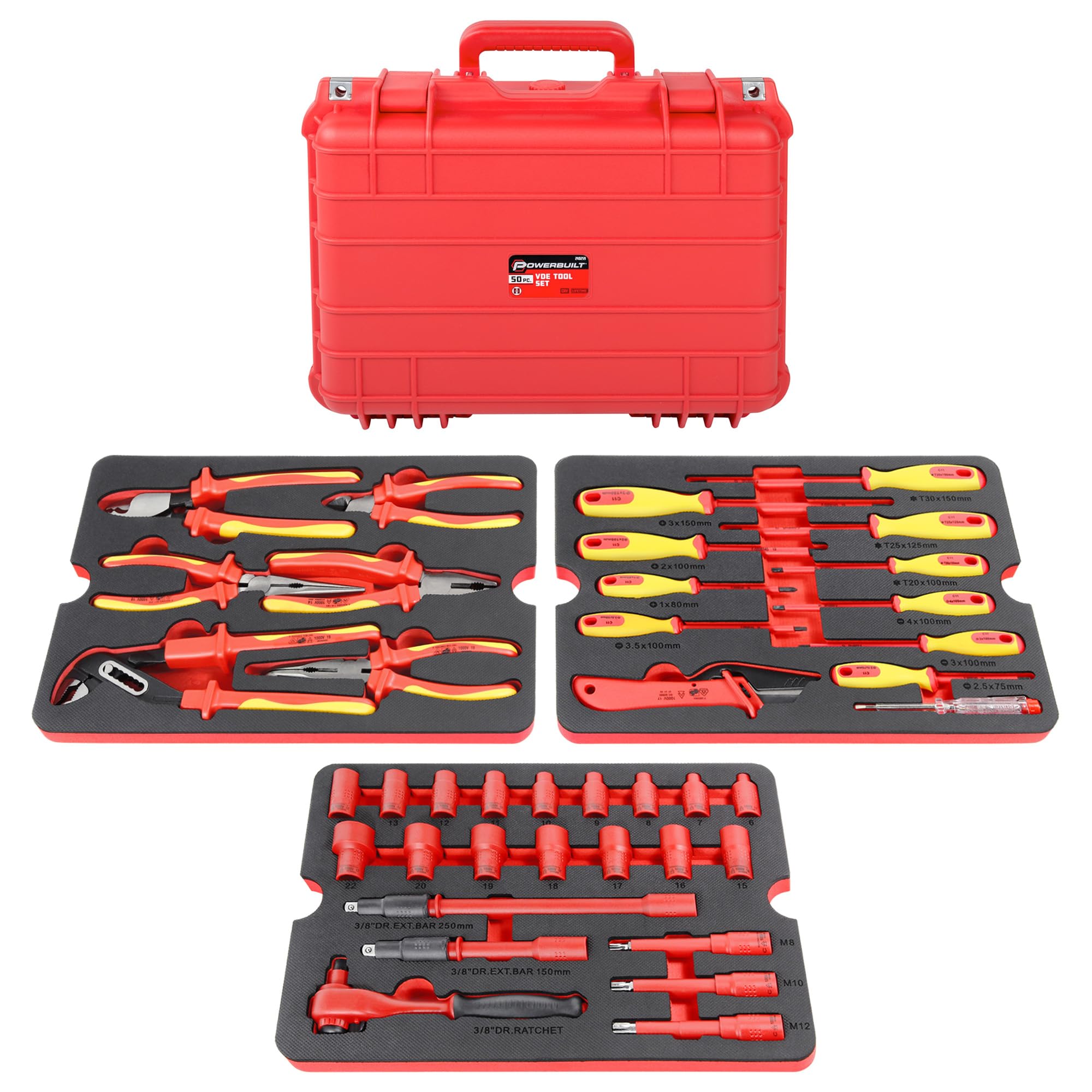 Powerbuilt 50 Pc.1000V Insulator Electrician VDE Tool Set with Waterproof Case 3/8" Doctor Ratchet 16 Socket Size 10-24mm 10 Screwdriver 6 Pliers - 240259