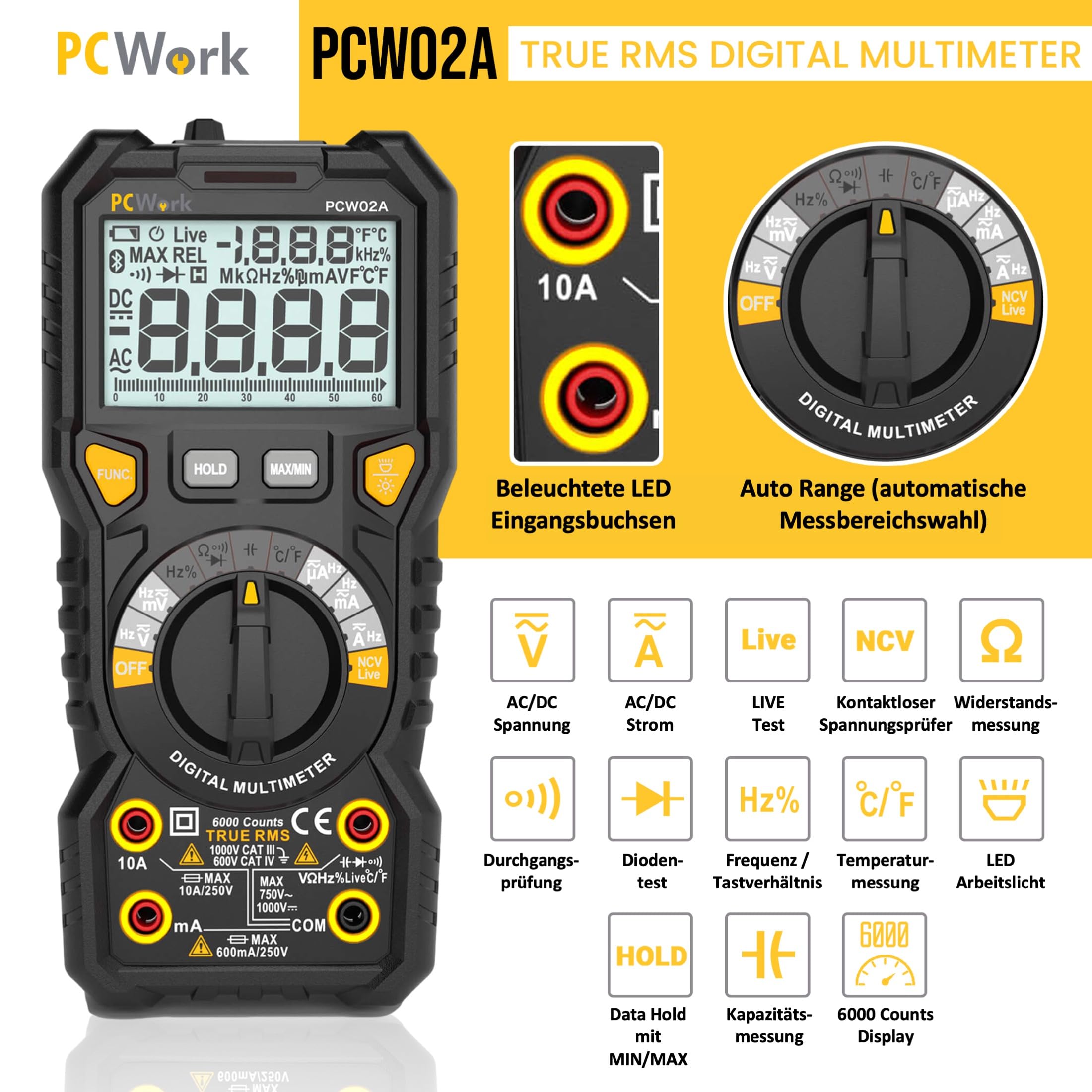 Multimetro digitale professionale PCW02A, multimetro 1000 V, TRUE RMS, grande display LCD, range auto, prese LED illuminate, misuratore di corrente, tester di continuità, misuratore di capacità
