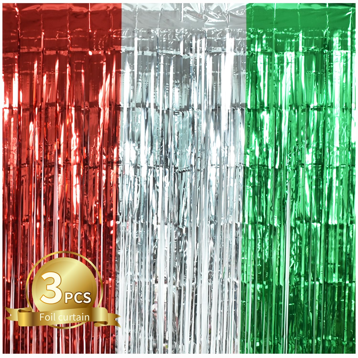 TONIFUL 3Pcs Red Silver Green Door Streamers,Photo Booth Backdrop Metallic Streamers Foil Fringe Curtains for Birthday,Christmas,New Year,Bachelorette,Grad Party Streamers Decor(9.9ft x 6.6ft)