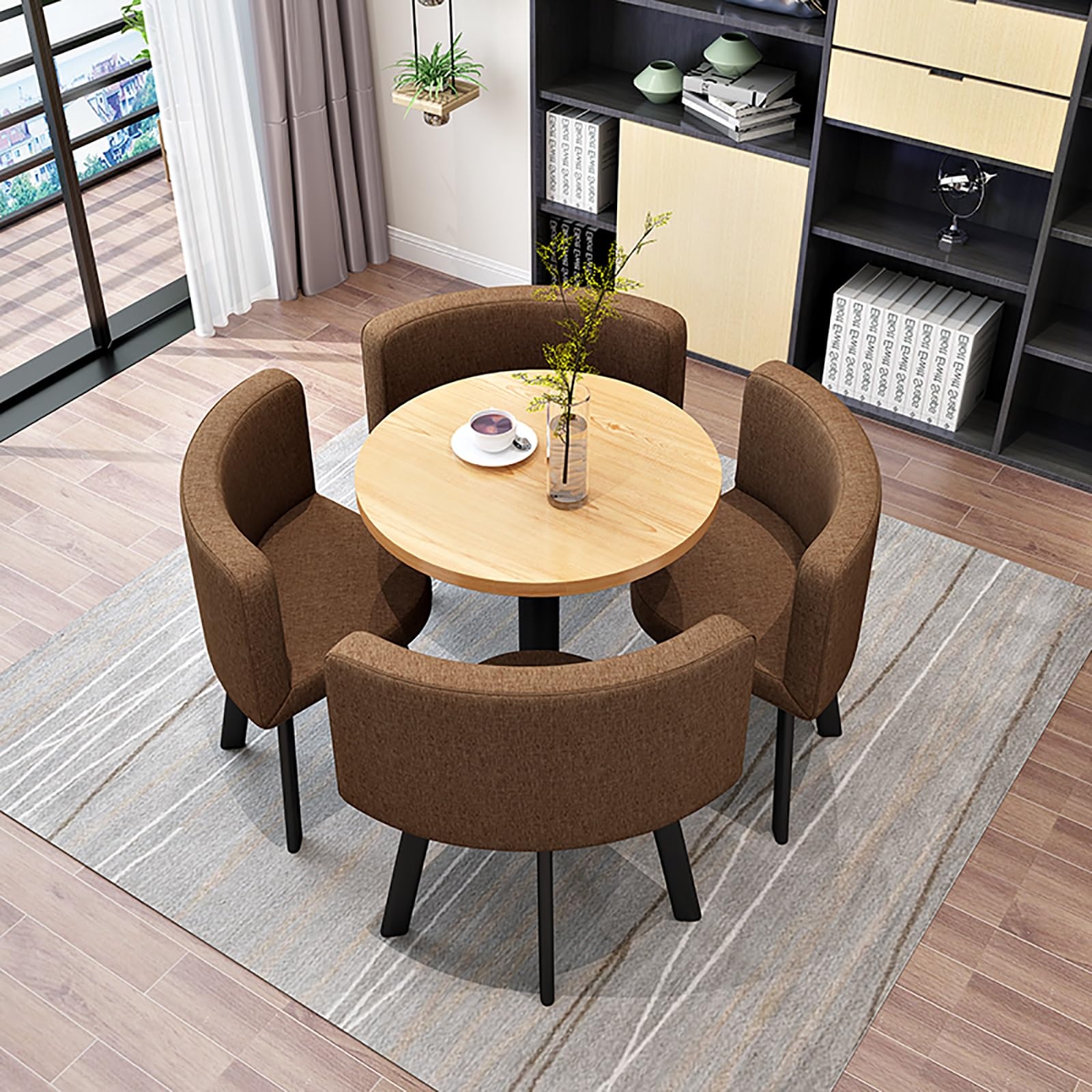 Round Dining Table Set for 4 Marble Table with Chairs Office Reception Desk and Chair Set Suitable for Lounge Living Room Office Space Modern and Elegant Design,Brown 1-Round-Fabric