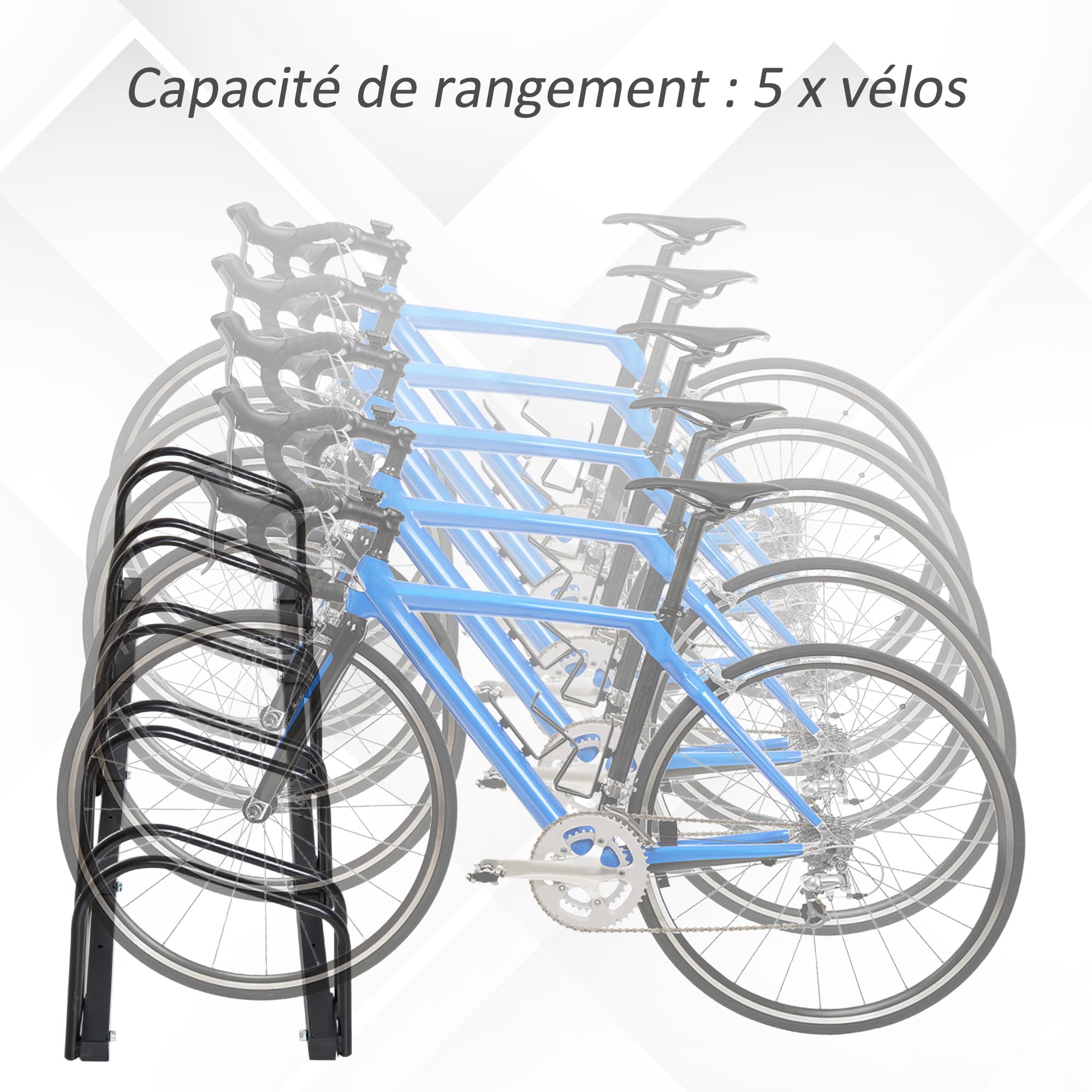 HOMCOM Râtelier 5 vélos range-vélos support de rangement pneu 65 mm sol ou mural pour VTT enfants BMX 145 x 33 x 27 cm acier noir