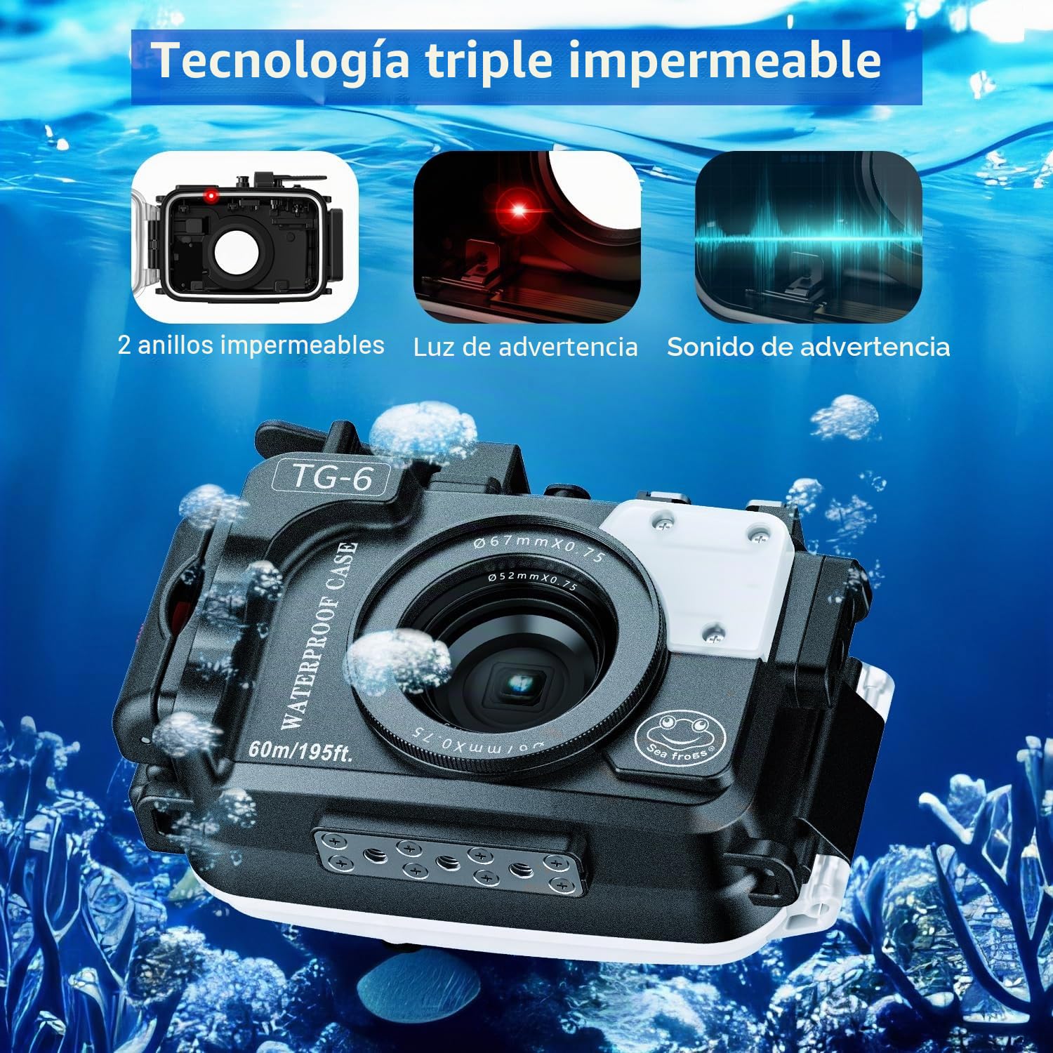 Sea frogs Carcasa de cámara Compatible con Olympus TG 6, Resistente al Agua IPX8, protección de Profundidad de 60 Metros, Funda subacuática para Buceo y Snorkel (Color Negro)