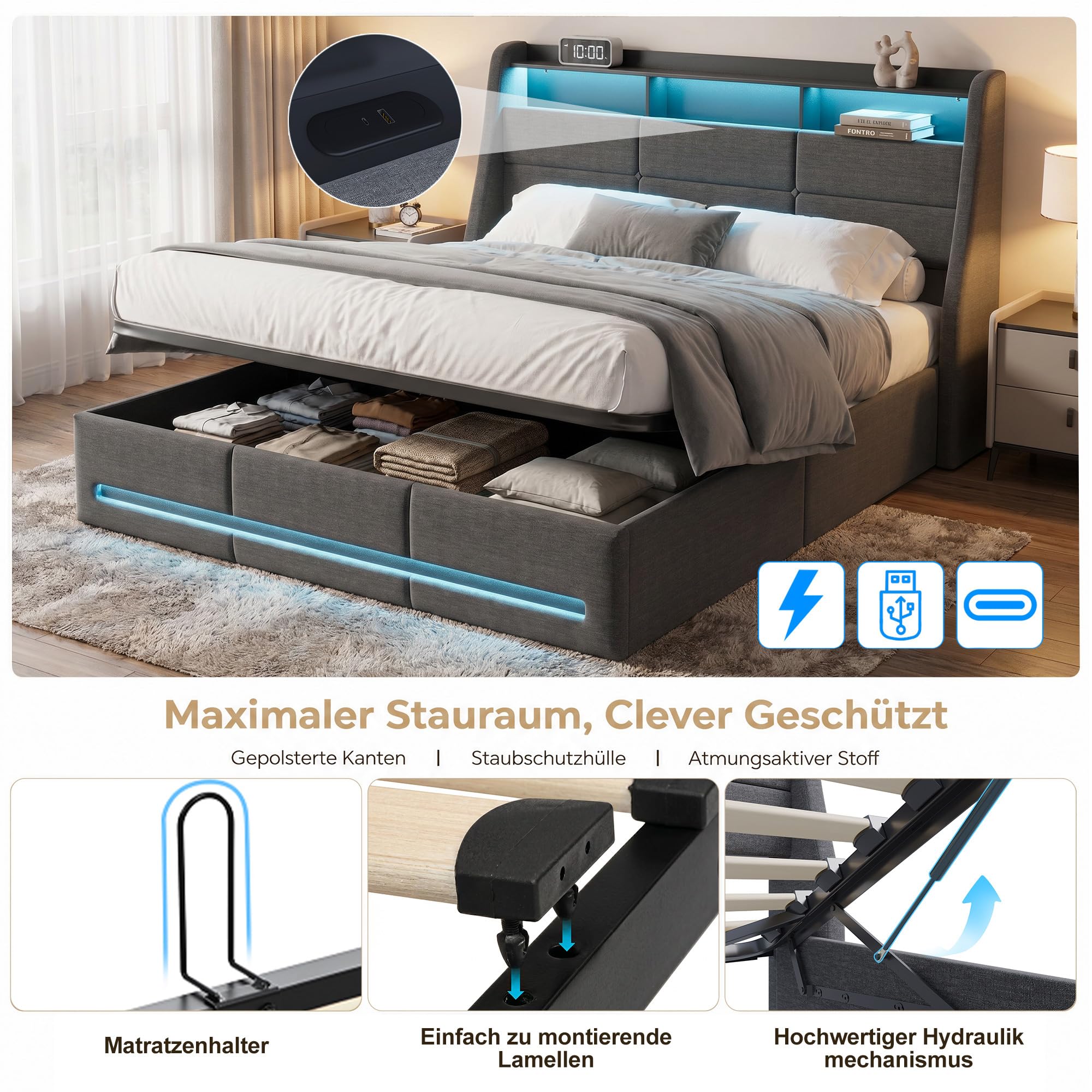 Cama tapizada para cama doble de 140 x 200 cm con LED, cama hidráulica con espacio de almacenamiento, cabecero con LED y USB tipo C, estructura de cama juvenil con cajón y somier, lino, gris, sin