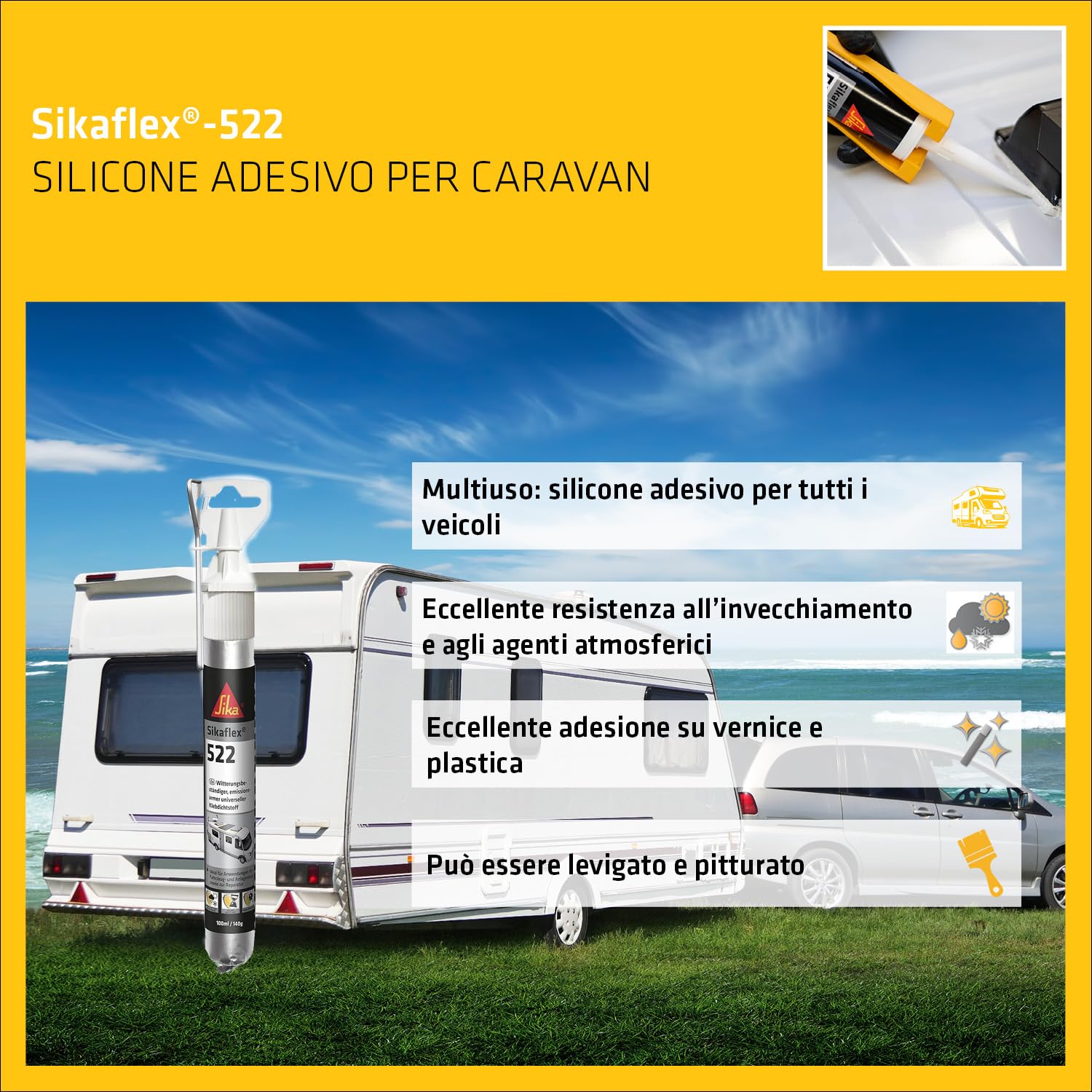 SIKA - Sigillante STP per caravan e camper - Sikaflex-522, Bianco - Adesivo elastico resistente a UV e intemperie - Per viaggi in totale sicurezza - Ideale per sigillature esterne - Formato 100ml