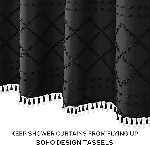 Miniatura 3 de Cortina de ducha bohemia con textura negra con borlas, 72 x 72 pulgadas, cortina de ducha tejida de felpilla a rayas cheurón, moderna casa de campo,