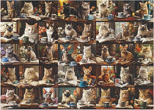 Miniatura 2 de Rompecabezas de gatos para adultos de 1000 piezas en adelante, rompecabezas de animales de gatos vintage, colección de 40 libros de café,