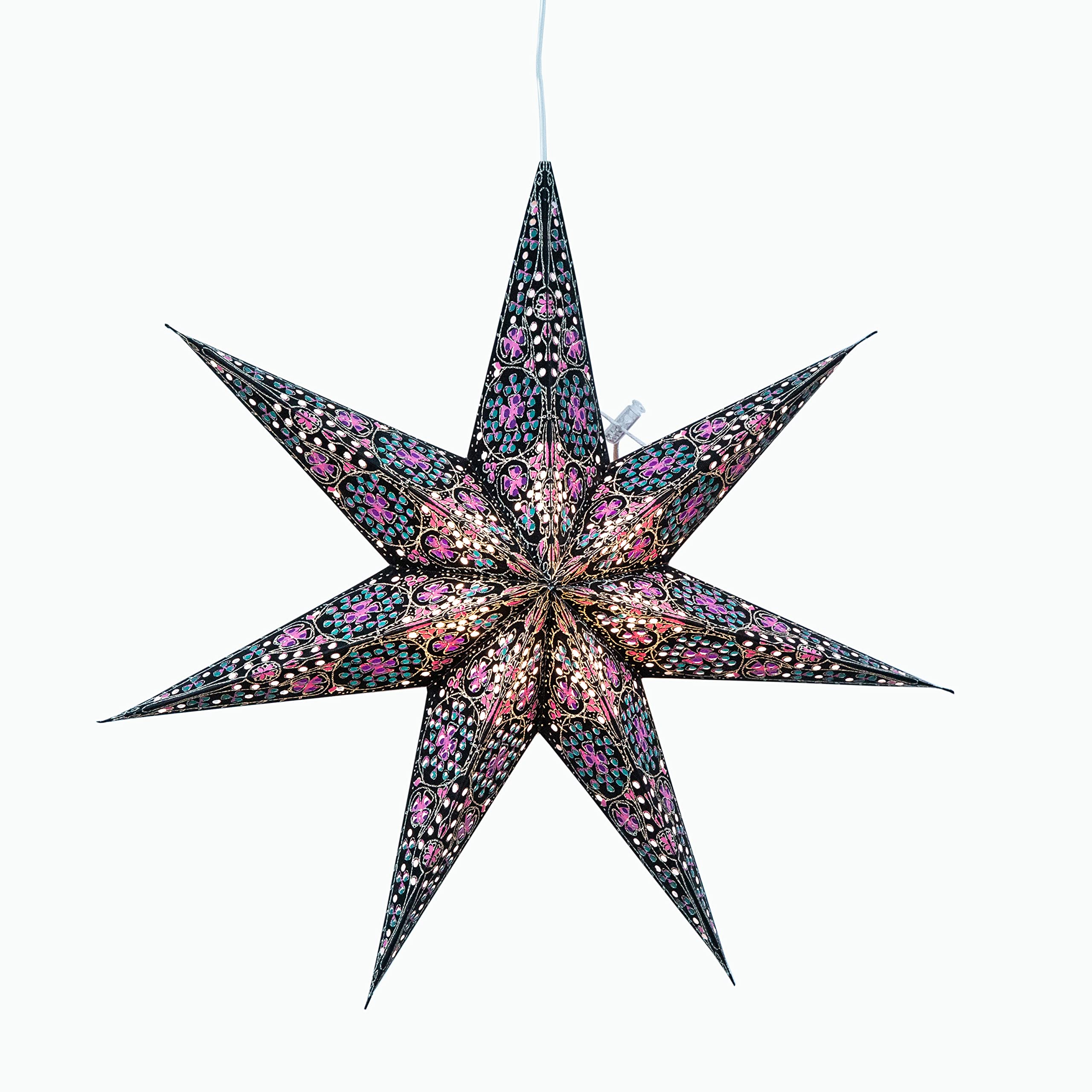 Artschatz Cathedral Paper Lantern Star Light - 7 Point Ø 16 inch - Black/Pink with Violet/Turquoise Tissue Inlay