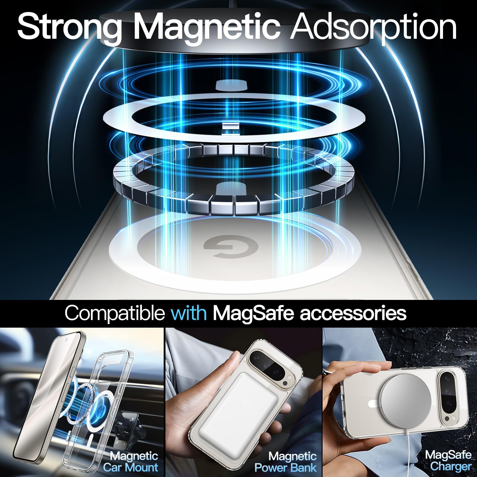 JETech Magnetyczne Etui dla Google Pixel 10/10 Pro 2025 Kompatybilne z MagSafe i Ładowarka Pixelsnap, Odporny na Wstrząsy Osłona Bumper Telefonu, Antyzarysowaniową Przejaśniać Tył (Przezroczyste)