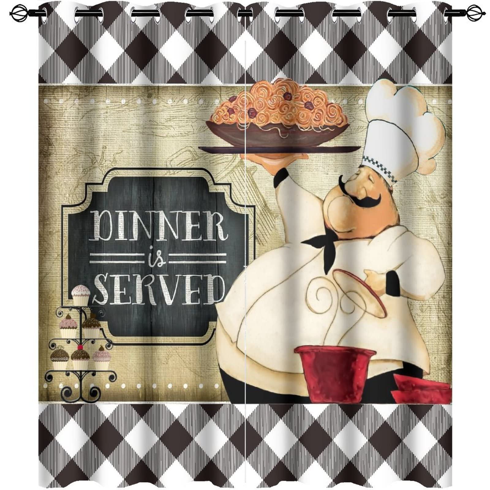 Kitchen Chef Ultra Soft Premier Blackout Curtains,Vintage Medieval Fat Chef Black Check PlaidThermal Insulated Bedroom Noise Reducing Patio Door Grommet Top,2 Panels 63L x 27.5W