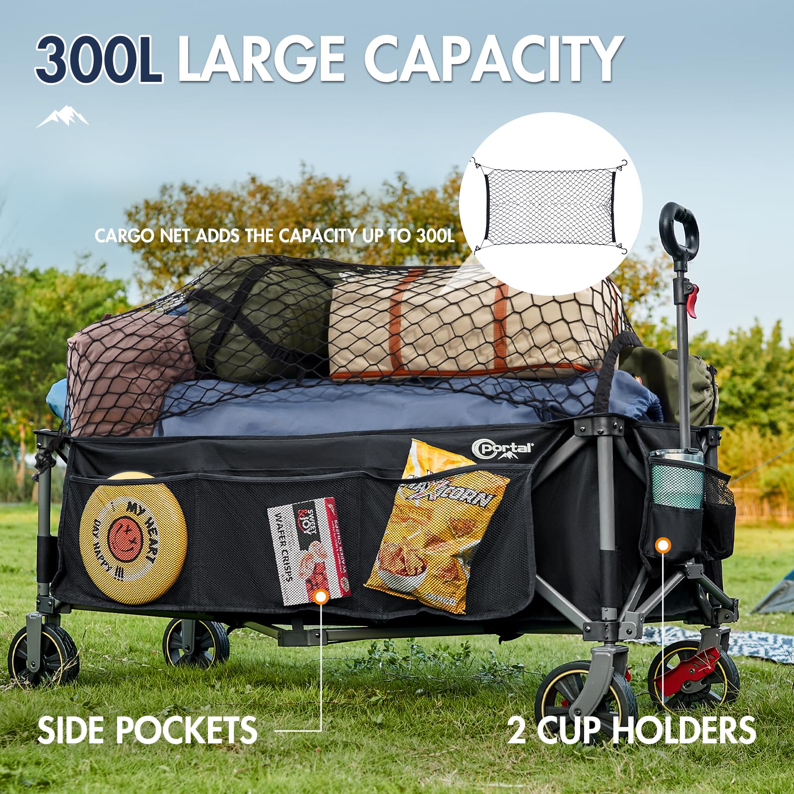 Portal Carrello pieghevole XXXL, 400 l, 160 kg, portata grande, con porta bevande, borsa laterale, carrello pieghevole, per giardino, campeggio, festival, blu