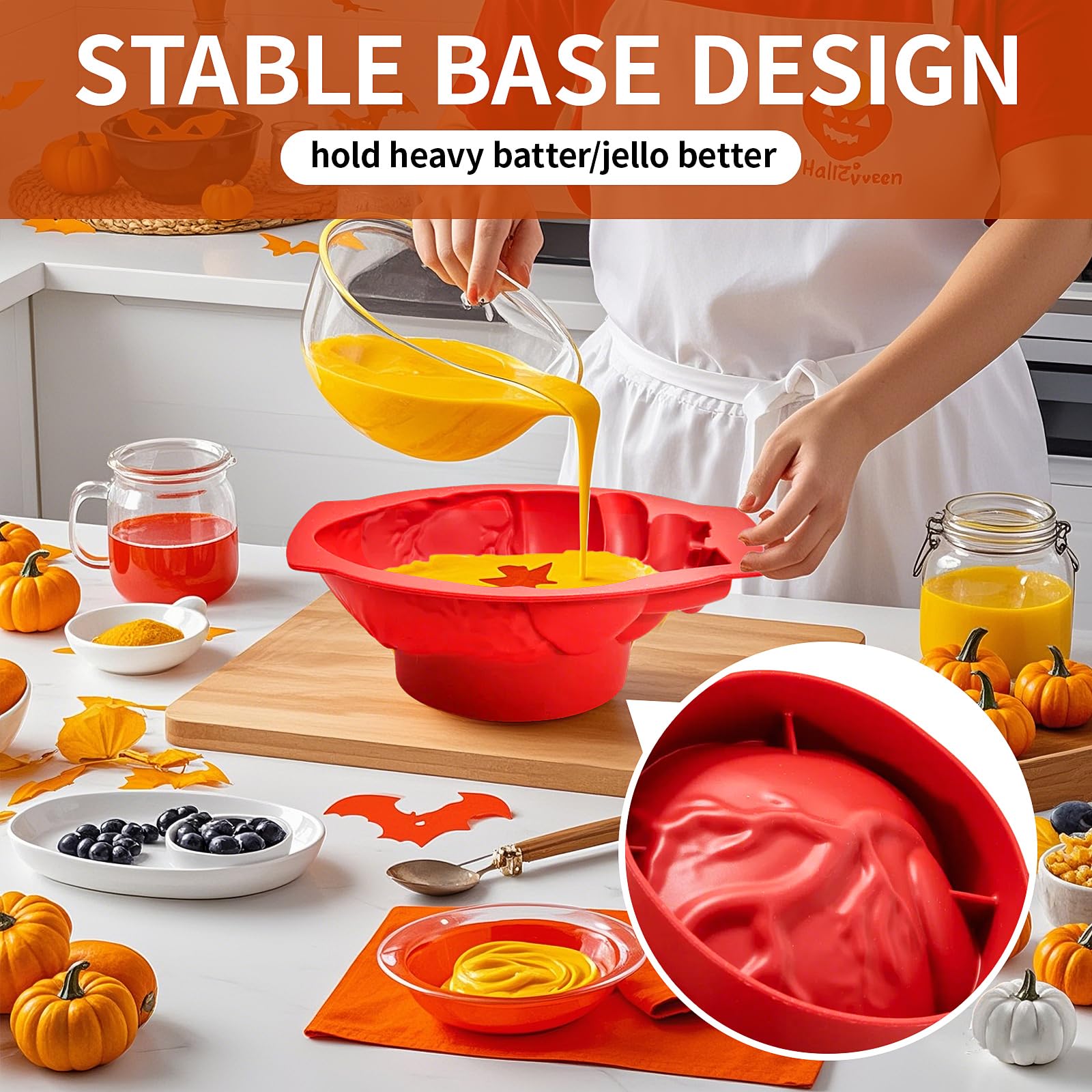 2 x Silikon-Herzform, Halloween-Kuchenform, großes Volumen, Backform mit Stützboden für Halloween, Kuchen, Süßigkeiten, Schokolade, Gelee oder Pudding