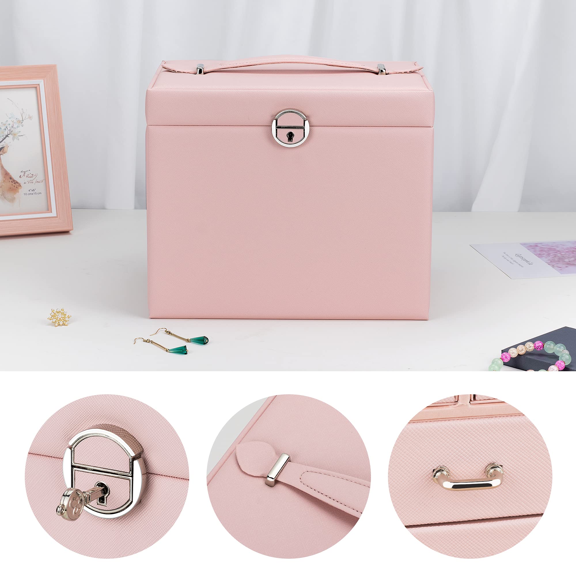 AdelDream Portagioie grande con serratura a 5 livelli con 5 cassetti con specchio per anelli orecchini collane e bracciali elegante e classico rosa3