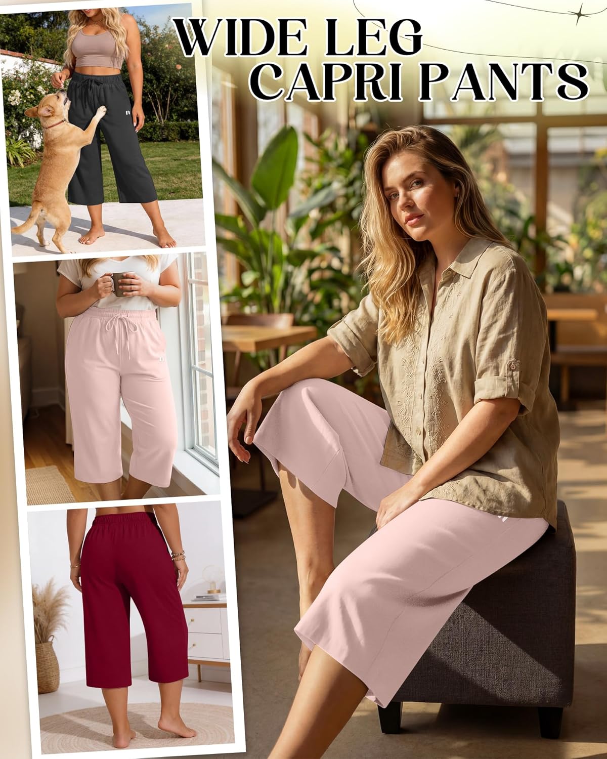 Neer 3 Pack Women's Plus Size Capris,Wide Leg Loose Pants Casual Drawstring Capri Sweatpants Drawstring Pants with Pockets - Image 3