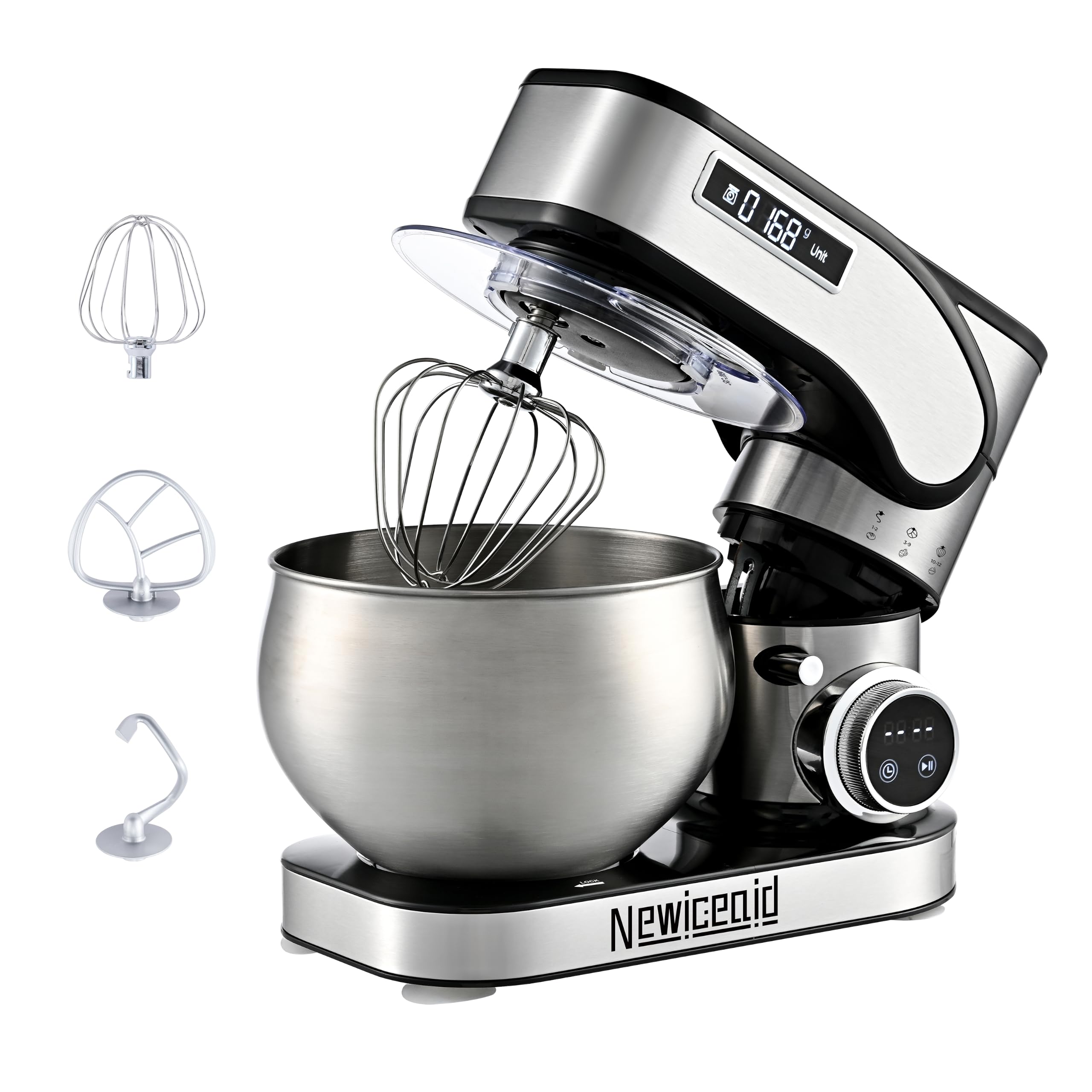 Newiceaid Stainless Steel 12-Speed 5.3QT Stand Mixer w/Scale & Timer | 400W Motor, 5.3QT Bowl, tilt-head design. Built-in Digital Scale & Smart Timer, Dough Hook, Beater, Whisk for Baking