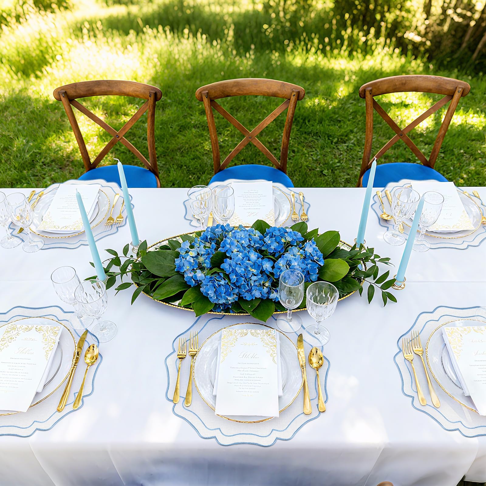 Tischsets aus Baumwollleinen, 38,1 cm, Stickerei, gewellt, rund, waschbar, Blumenform, für Hochzeit, Babyparty, Bankett, Party, Tischdekoration, 8 Sets mit blauen und weißen Schleifen, 38,1 cm