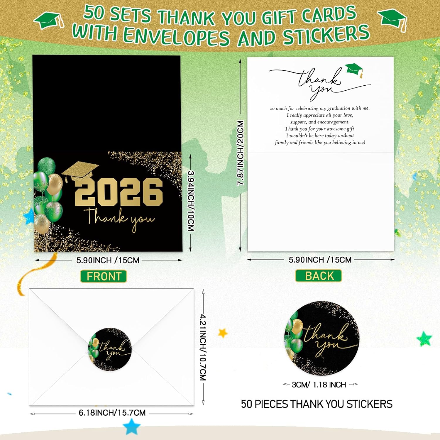 Motiskyy 50 Sets Bulk Graduation Thank You Cards 2026 Graduation Card with Envelopes and Stickers College Prom Balloons Thank You Notes Greeting Card for Guest Family Teacher(Green)