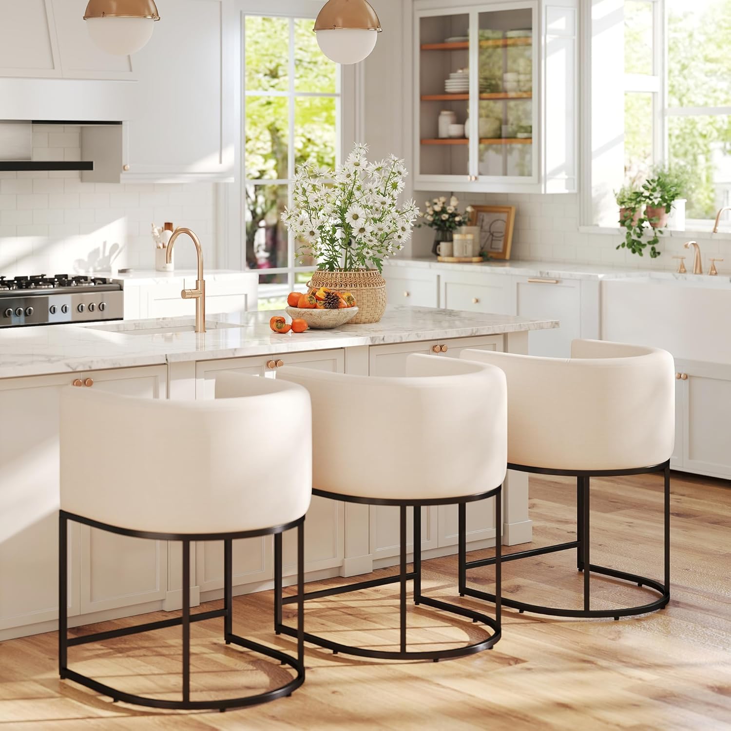 Modern Counter Height Linen Fabric Upholstered Counter Stools Set of 3, 24 Inch Kitchen Island Stool with Black Tubular Frame, Cream