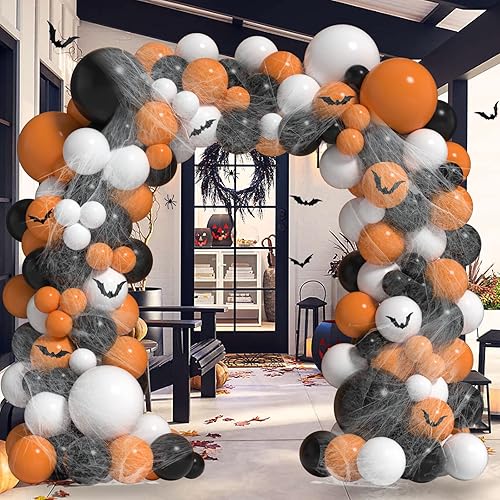 Miniatura 3 de Paquete de 139 guirnaldas de arco de globos de Halloween, color naranja, negro y blanco, con adhesivo de murciélago 3D, telaraña para decoración de